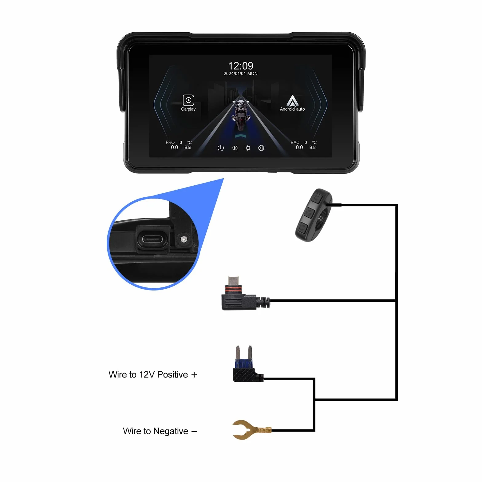 Rimoody Navegador Moto 5 Pulgadas con CarPlay y Android Auto Inalámbrico - GPS para Moto Impermeable IP68, Pantalla Táctil 5'', Montaje Universal, Detección de Presión de Neumáticos 12 V