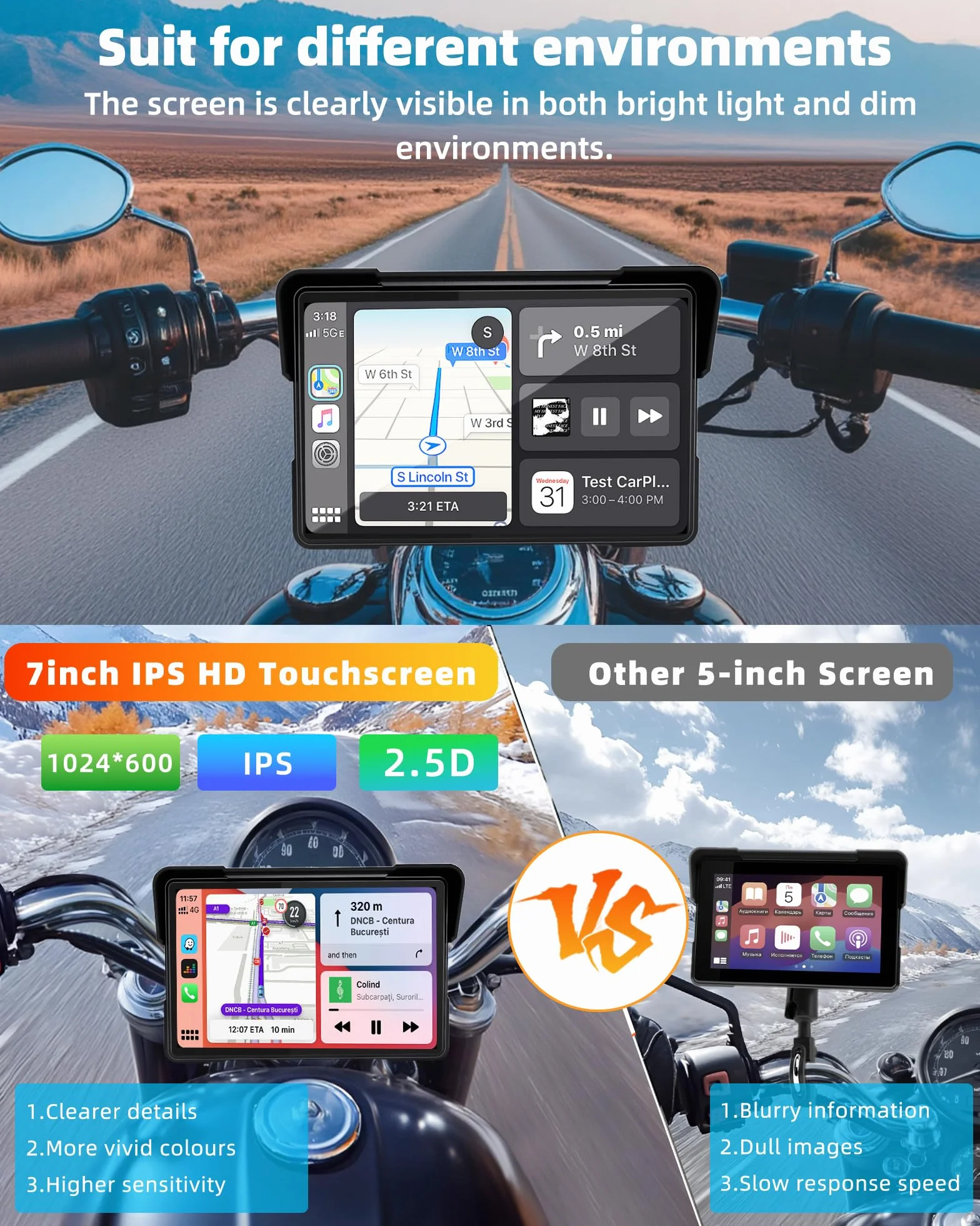 Carplay Moto para Motocicletas BMW, 7" Pantalla Navegador Moto Inalámbrico CarPlay y Android Auto, Fácil de Instalar Resistencia al Agua IP67, Bluetooth, Navegación GPS, Siri/Google Asistente
