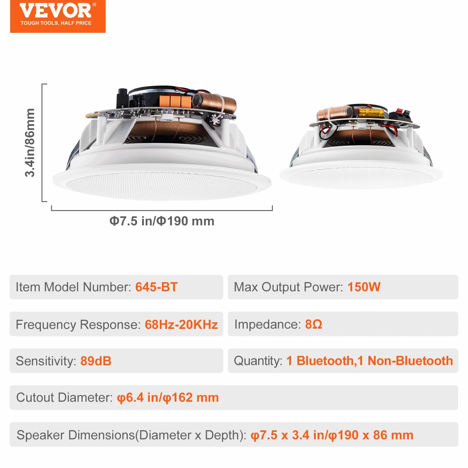 VEVOR 2 Altavoces de Techo Bluetooth 162 mm 150 W 8 Ω 89 dB Empotrado