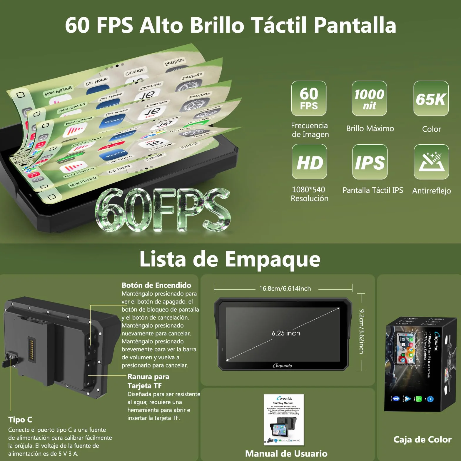 Carpuride W602BS Pro Carplay Pantalla BMW Motocicletas Inalámbrico 6.25" Impermeable Táctil Android Auto