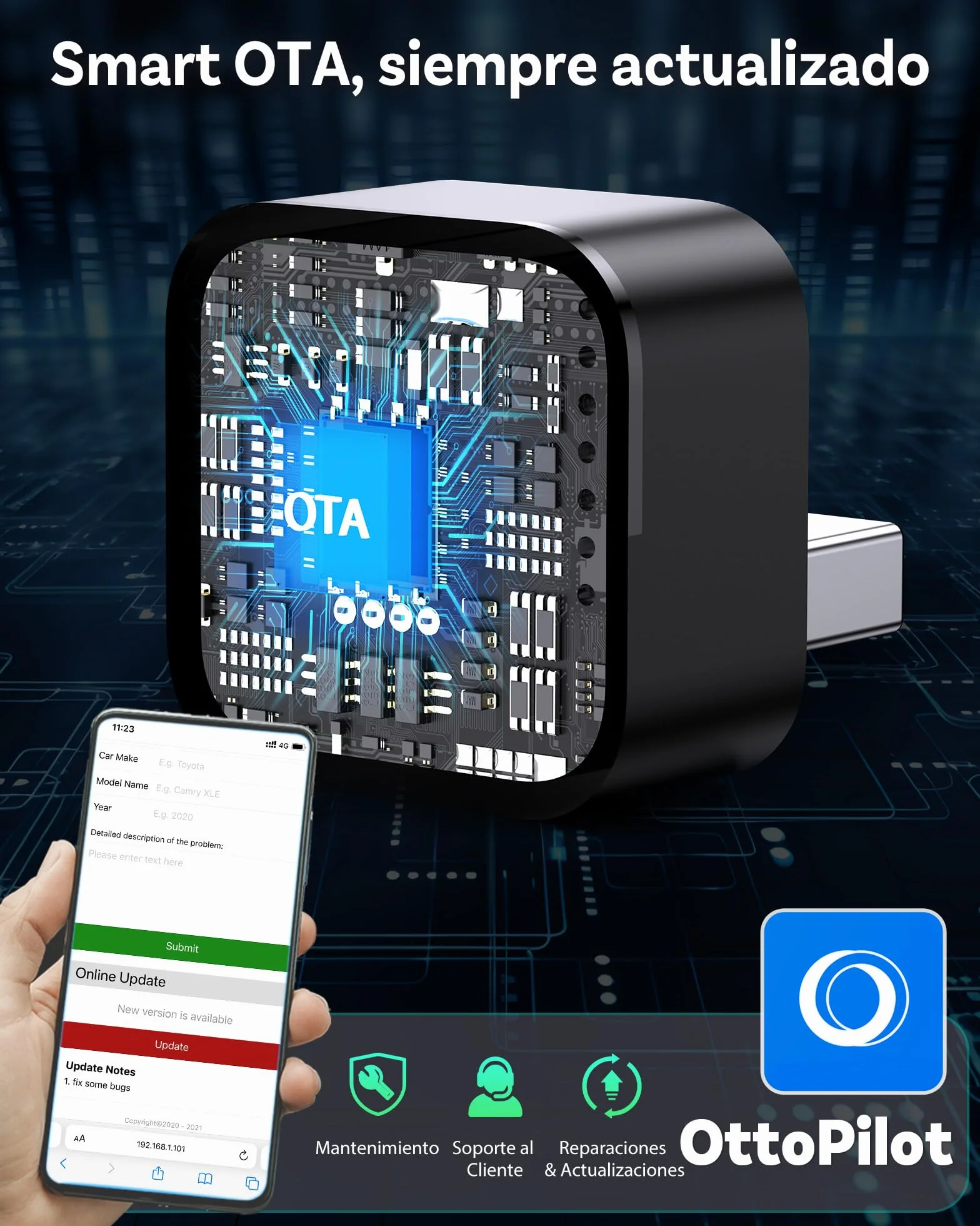 OTTOCAST Mini Pico 2026 Adaptador Inalámbrico CarPlay y Android Auto, Botón Inteligente, 5-8s Conexión Automática, USB-A/C, Actualización OTA, Conexión con Cable a Inalámbrica (iOS 10+/Android 11+)