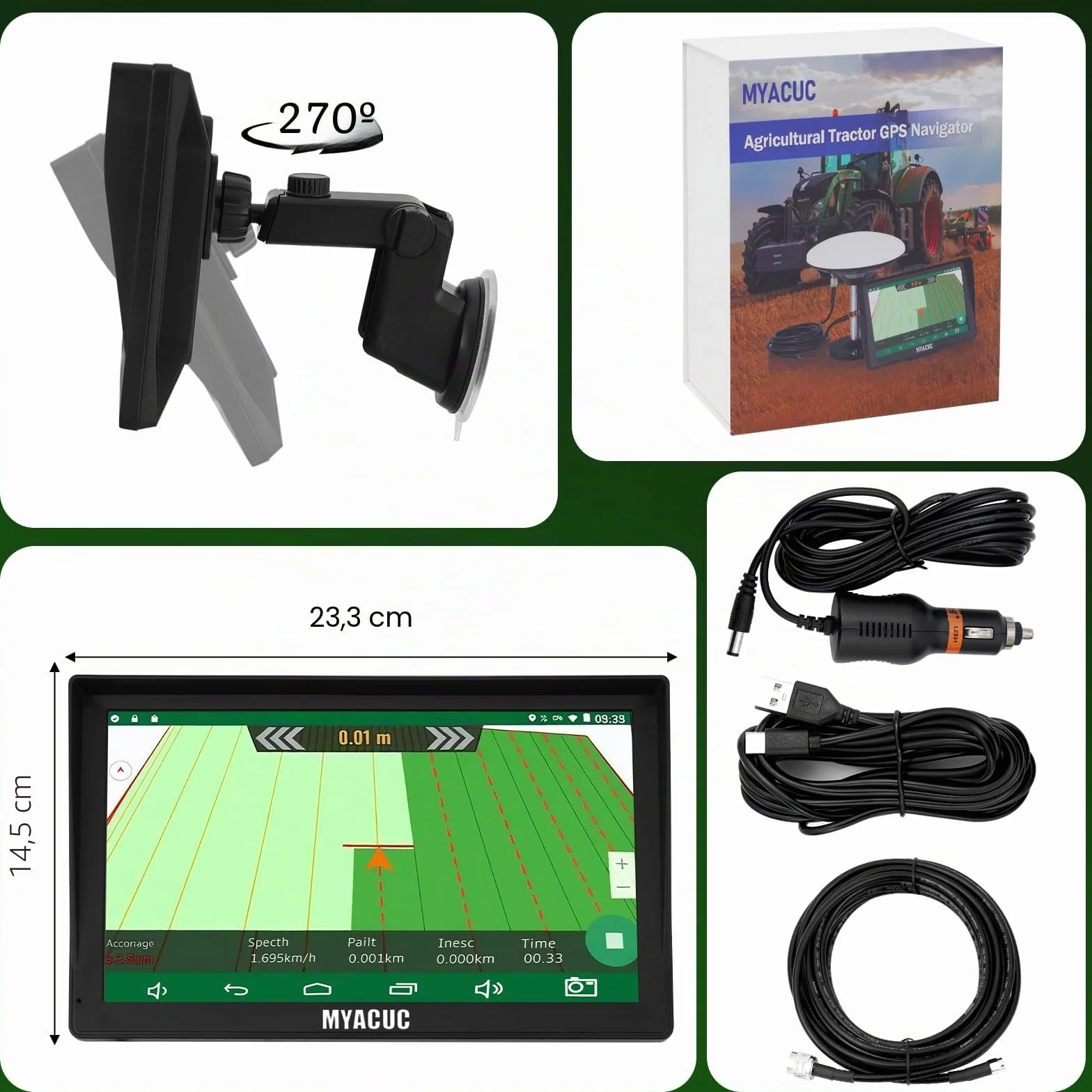 Navegador GPS para Tractor para Agricultura de Precisión, Navegador Agrícola GNSS con Pantalla Táctil de 9", Adecuado para Pulverización, Arado y Siembra, Posicionamiento Automático