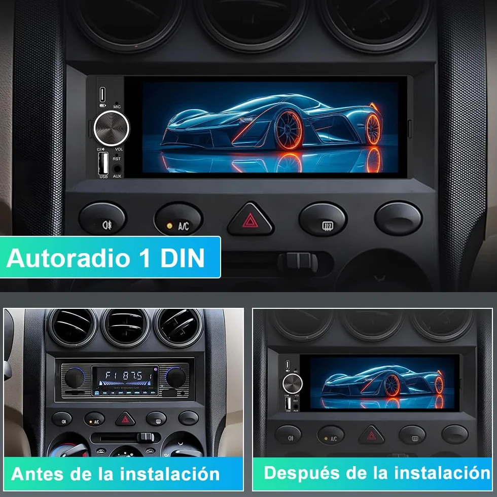 Junsun 1 DIN Radio Coche Universal con 6.36 Pulgadas Pantalla Táctil, con CarPlay/AndroidAuto/Admite Carga Type-C/USB/Micrófono/FM/EQ/WiFi/GPS/Bluetooth 5.0/USB/SWC y Cámara Trasera con Cable 6M