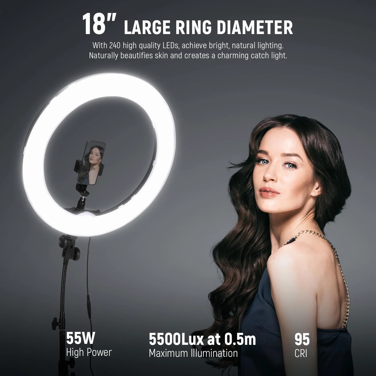 NEEWER Aro de Luz con Trípode: 48cm 55W 5600K Regulable LED Anillo de Luz con Soporte para Móvil, Luz Fotografía Ring Light para Cámara Profesional, Luz Selfie para TikTok/Youtube/Peluquería