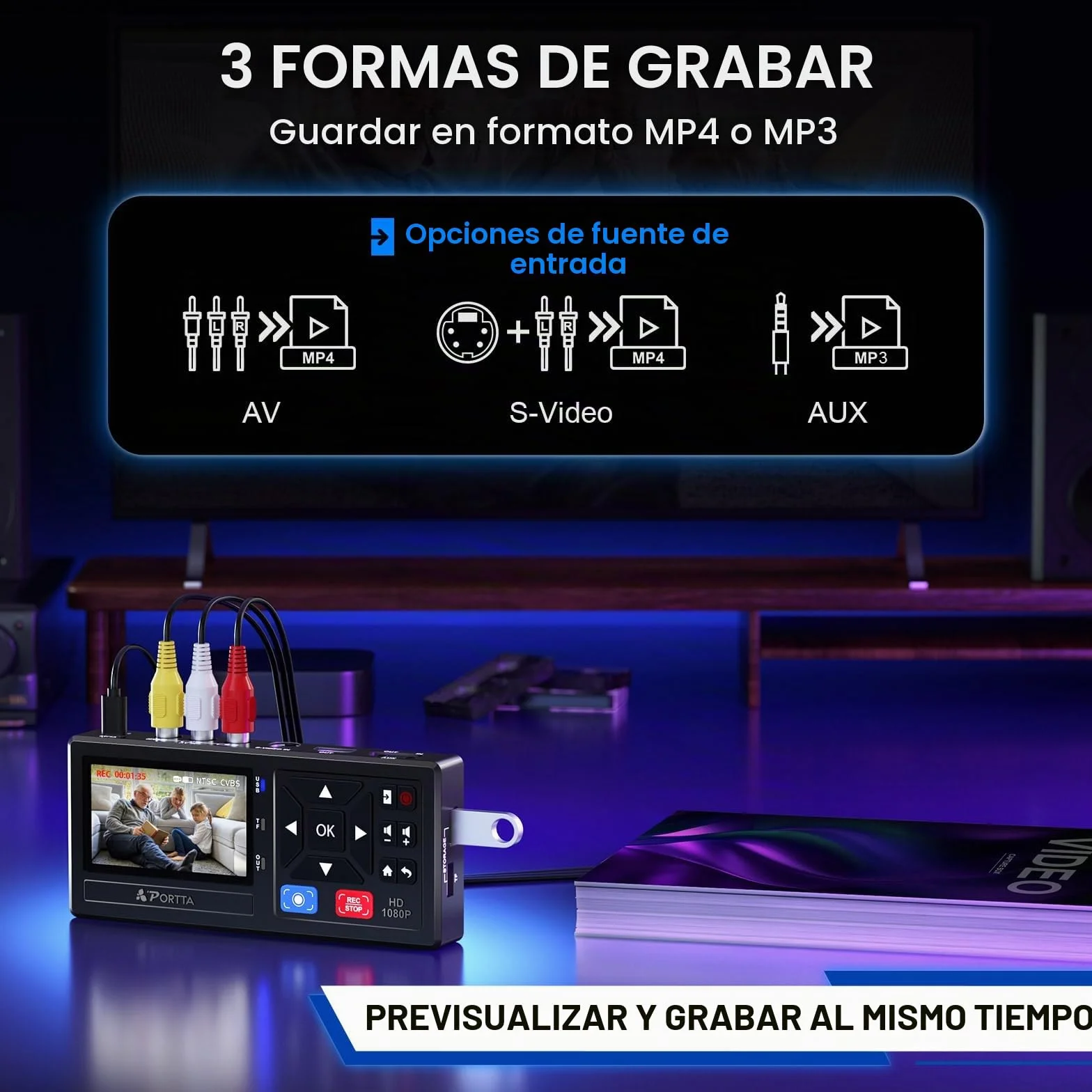 Portta VHS to Digital Convertidor, VHS a Digital Grabador con Remote, RCA to HDMI Converter Compatible con VHS, VCR, DVR, DVD, Hi8, Mini DV, Camcorder, Cassette Tape, Gaming Consoles
