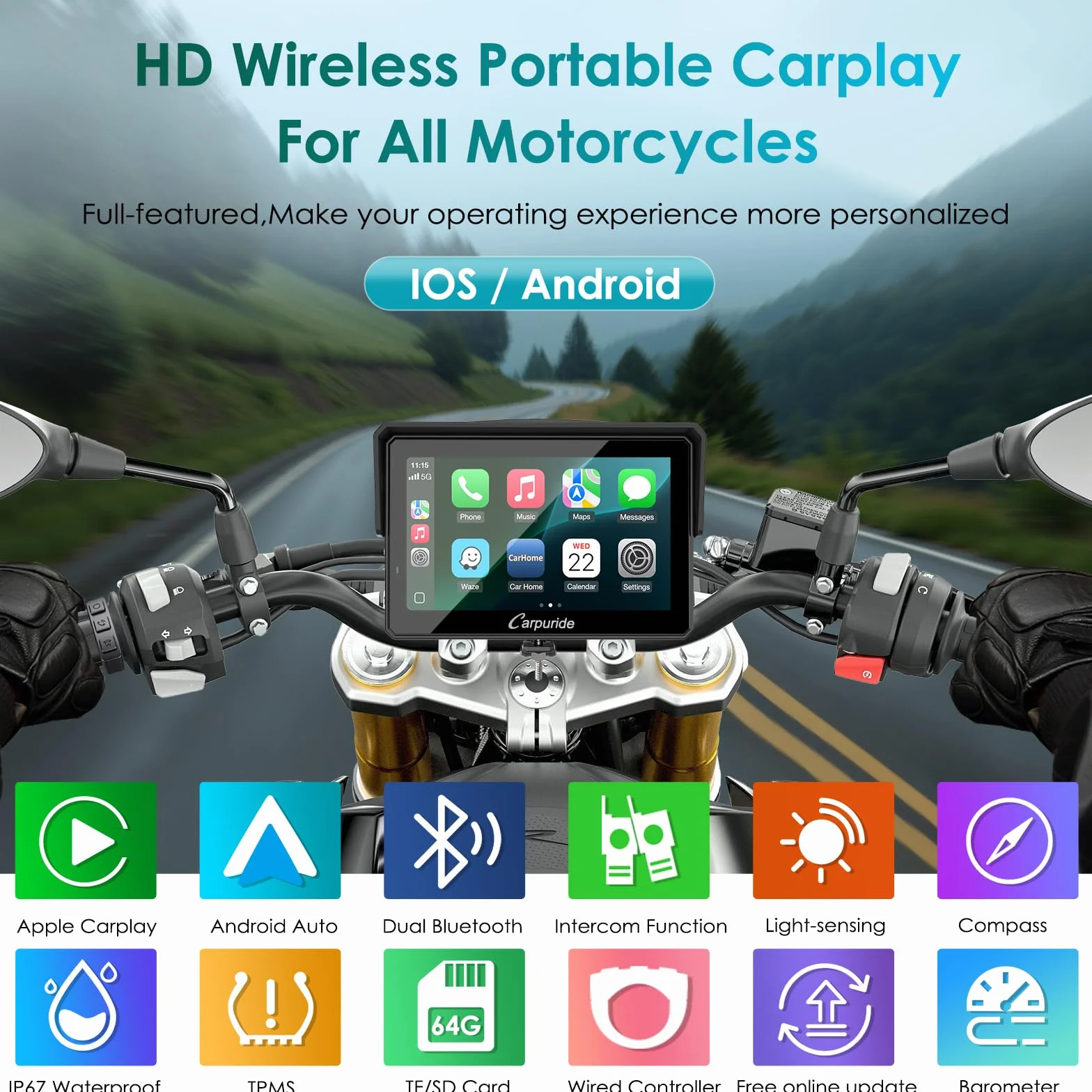 Carpuride W502S Pro GPS Inalámbrico para Motocicleta con Carplay Android Auto Pantalla Táctil Impermeable 5" Soporte BM05 Bluetooth
