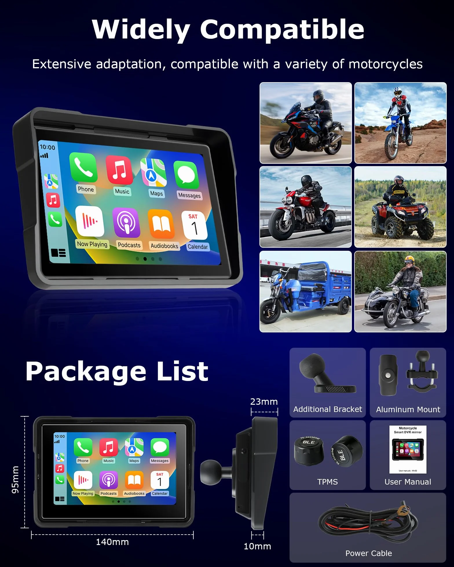 Jansite Pantalla Carplay Moto Android Auto 5 Pulgadas Navegador GPS TPMS IP67 Impermeable Inalámbrica