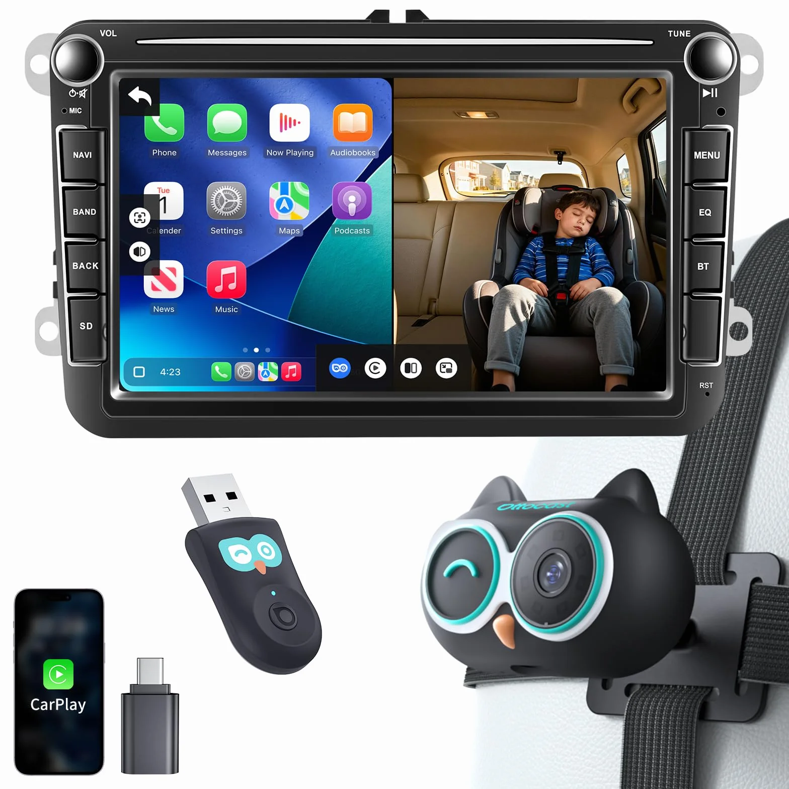 OTTOCAST Cabin Care 2026, CarPlay Inalámbrico + Cámara Trasera de Seguridad para Bebés/Mascotas, 1080P, IR Visión Nocturna, Ultra Gran Angular 150°, Compatible iOS 10+ y Coches con Carplay Desde 2016