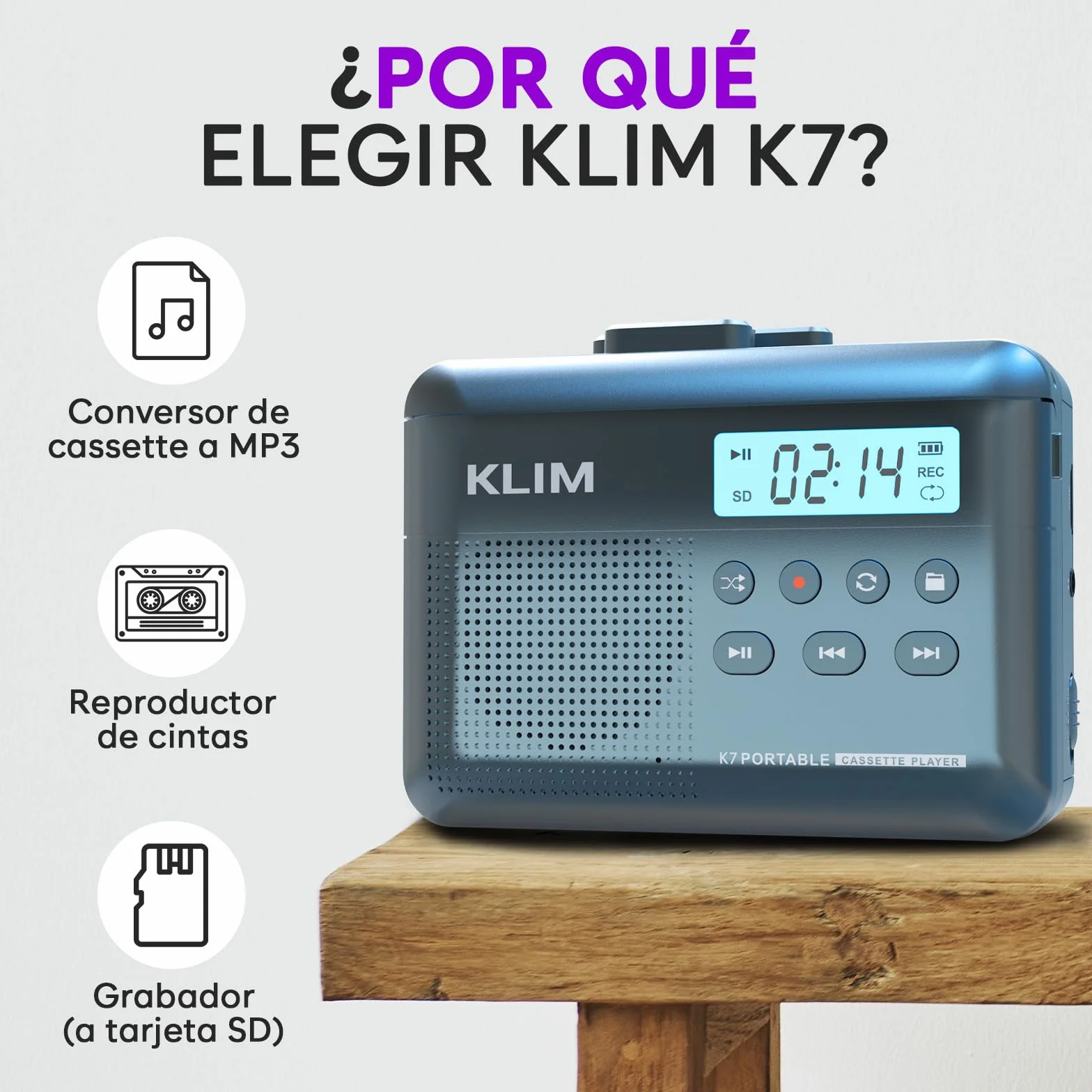 KLIM K7 Reproductor Cassette MP3 Portátil Micrófono Altavoz Batería Recargable Auriculares Tarjeta SD 16 GB Azul