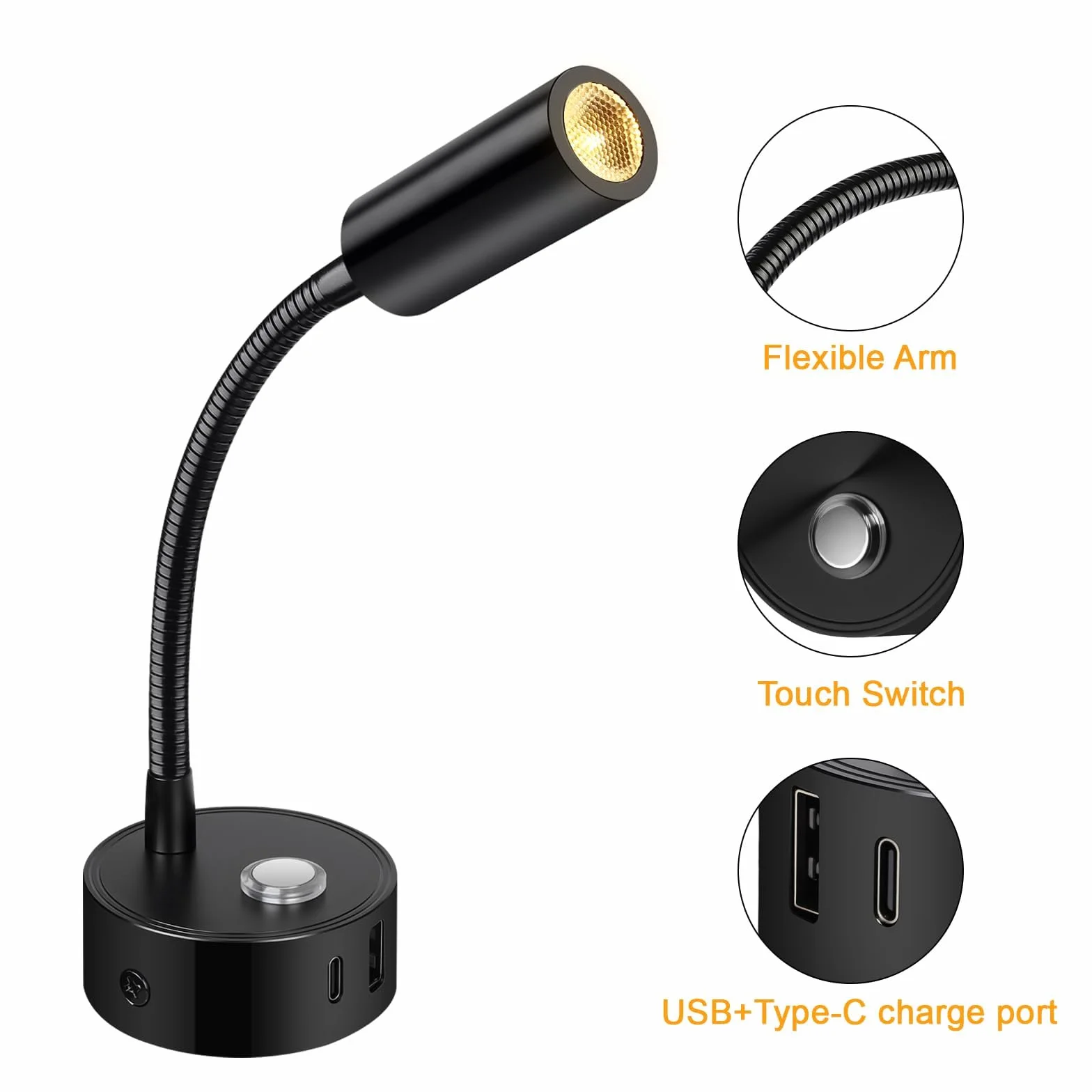 ERWEY 2pcs LED Lámpara de Lectura 12V Autocaravana, Táctil Regulable 3000K-6000K Brillo Ajustable, 360 ° Flexible Cuello de Cisne Luz de Cama Conectores USB A + C Barco Iluminación Interior, Negro