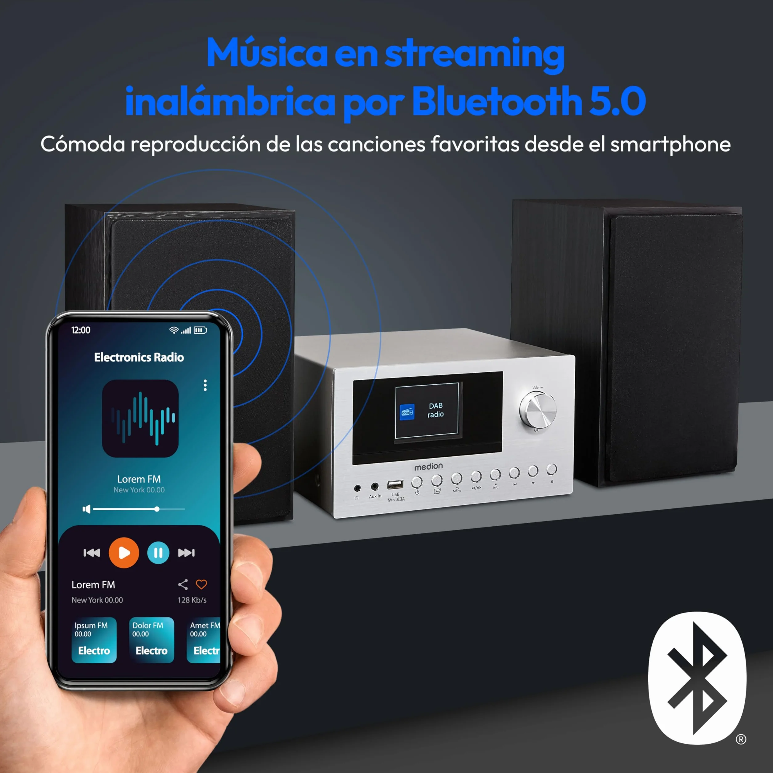 MEDION P85003 Micro Audio System Compacto (Microcadena, Radio por Internet, Dab+, Radio FM con PLL, Bluetooth, conexión USB, AUX, 2x150 W)