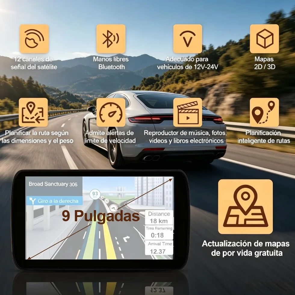9 Pulgadas Navegador GPS para Camiones y Coches, con Bluetooth y Actualizaciones de Mapas de Europa para Toda la Vida