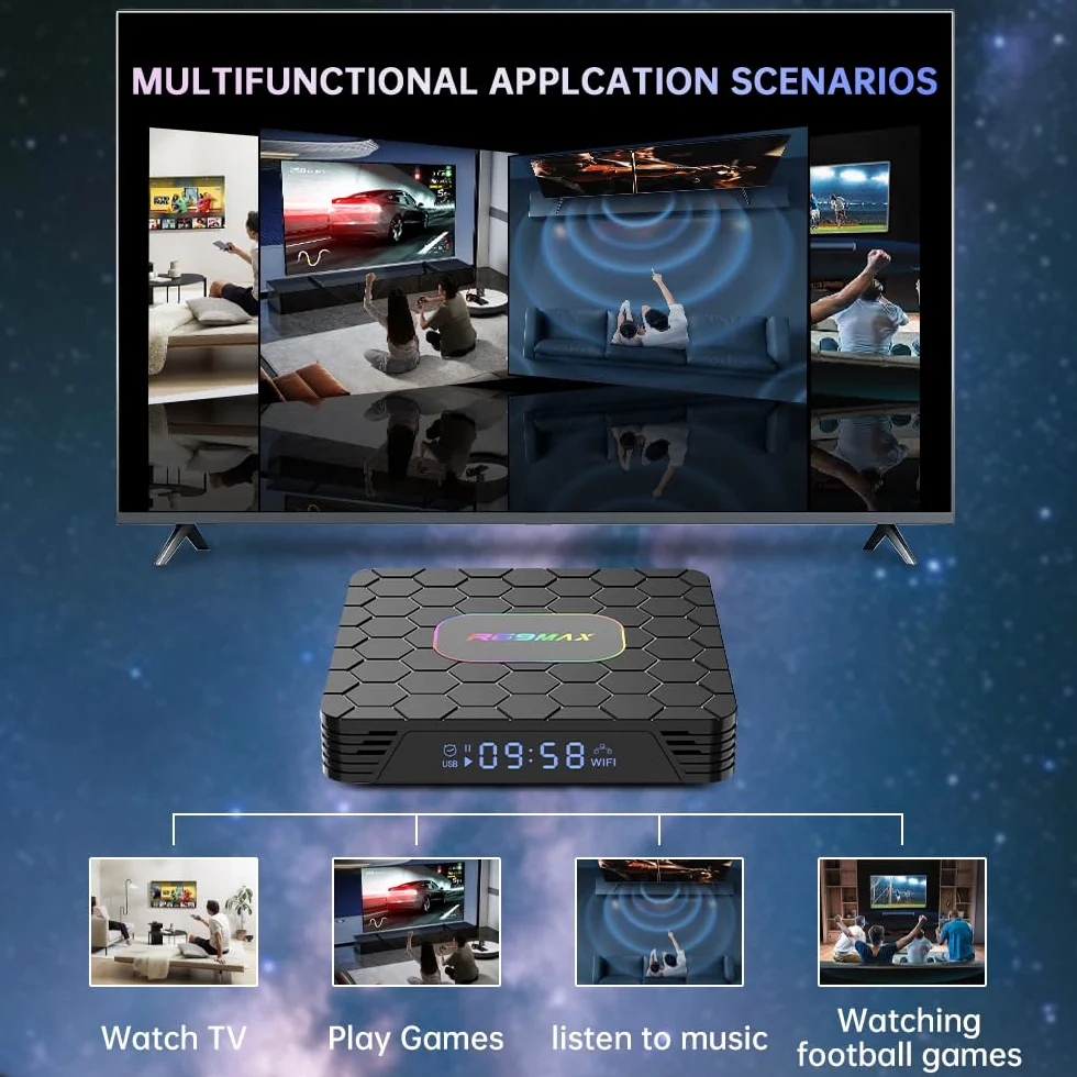 Android 14.0 TV Box, Box TV 4GB RAM 32GB ROM RK3528 Quad-Core Cortex-A53 8K Decoder, Soporte 2.4G/5.0GHz Dual Wi-Fi 6 BT 5.0, USB 3.0/2.0, HDMI 2.0 Smart TV Box