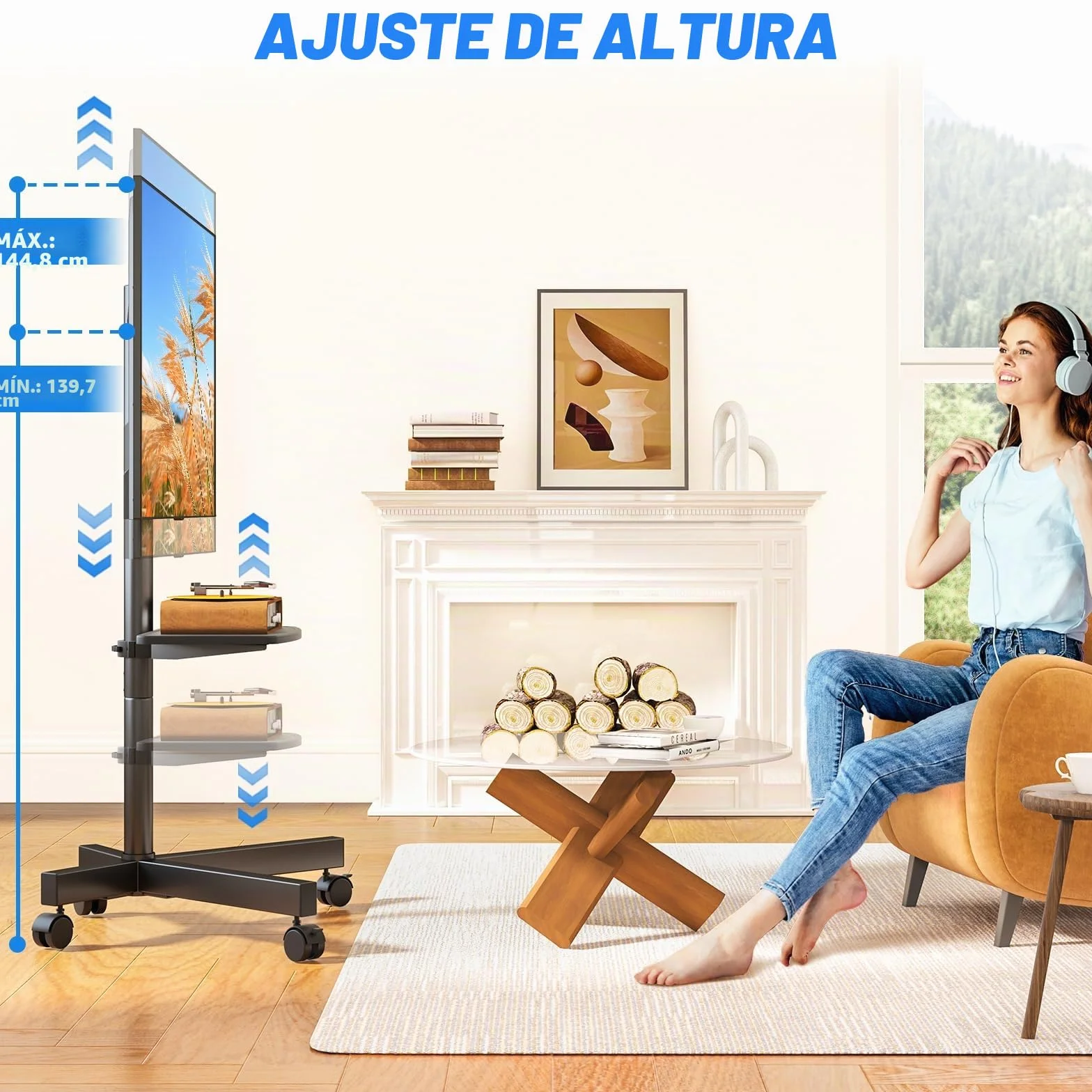 RFIVER Soporte TV Móvil con Ruedas para TV 27-60 Pulgadas, Inclinación +5/-2°, Altura Ajustable, VESA 400x400mm, 40 kg