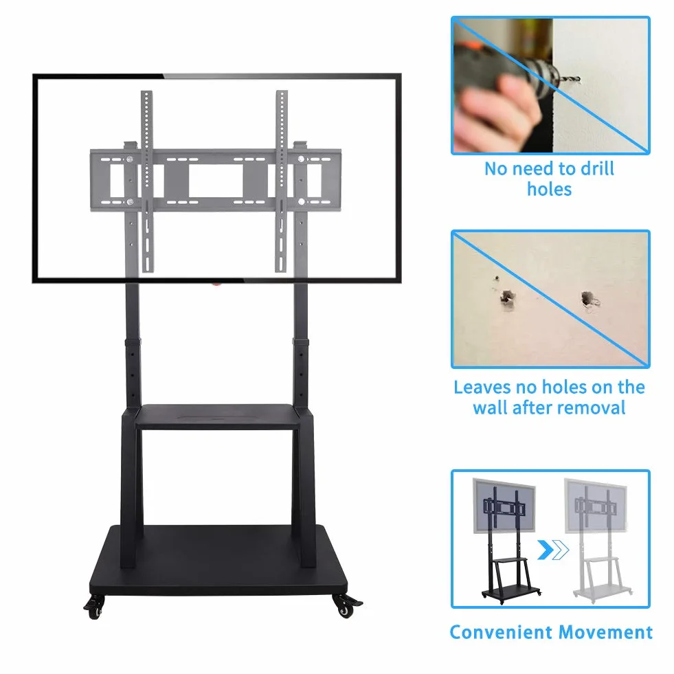 UNHO Soporte TV con Ruedas para 32-100 Pulgadas, Soporte TV Suelo Pie para Pantalla LED LCD Carrito TV Grande Comercial Móvil con 2 Estantes de Altura Ajustable Carga Máx 80kg VESA 800x600 (L)