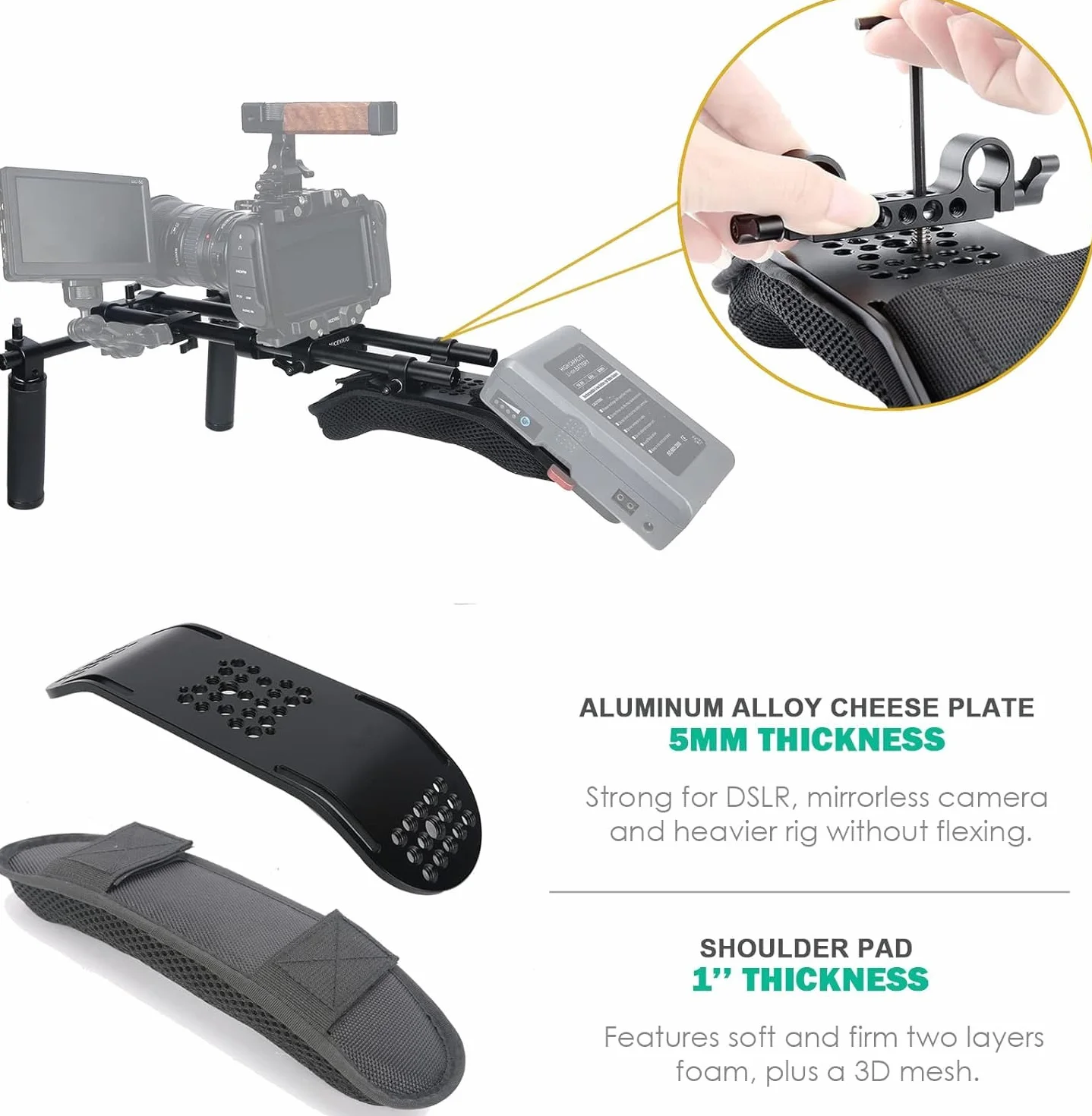 NICEYRIG Sistema de Soporte de Almohadilla de Hombro de 15 mm para cámara réflex Digital sin Espejo, Plataforma de rodaje de vídeo Estable con Placa Base Universal - 435