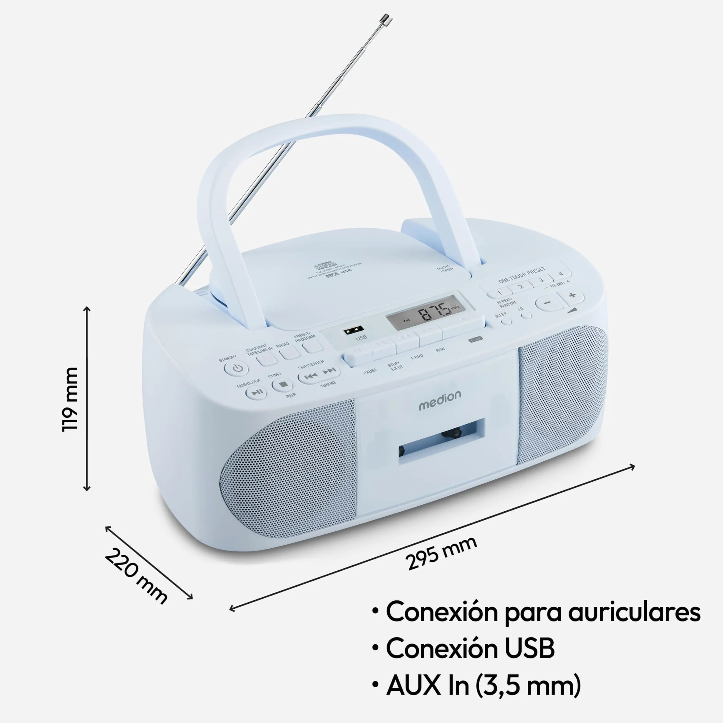 MEDION E65010 Radio estéreo (Reproductor de CD, Casete, conexión USB, Entrada de Audio AUX, reproducción MP3. Radio FM PLL, Memoria para 40 emisoras, Funcionamiento con Pilas, Mando a Distancia) Azul