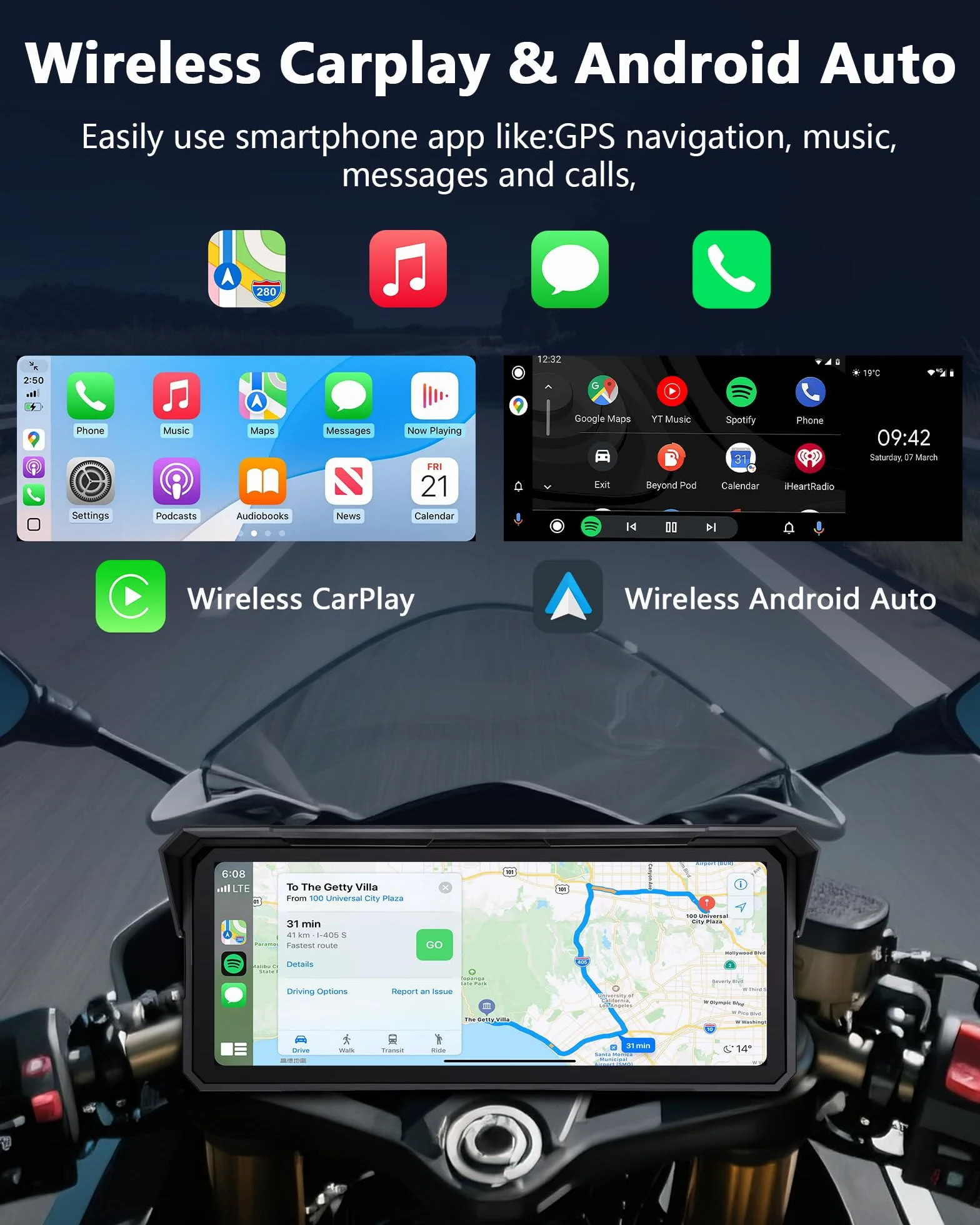 Jansite Cámara de salpicadero 4K de 8,1 pulgadas para motocicleta, pantalla CarPlay Android Auto, navegador de motocicleta IPX7 resistente al agua, GPS dispositivos de navegación para motocicletas con