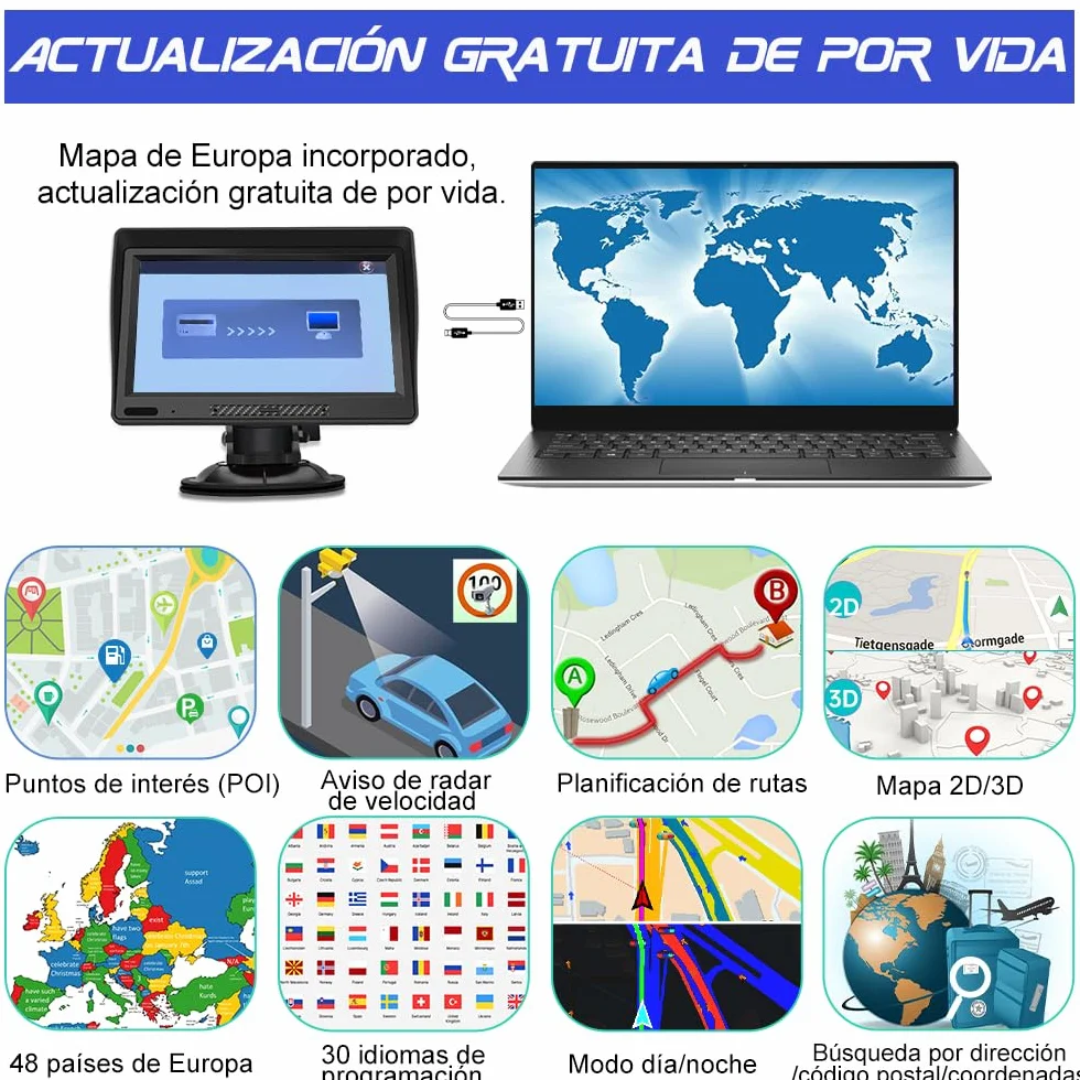 Navegador GPS Bluetooth 9 Pulgadas con Visera y Mapas Europa de por Vida para Camiones y Coches