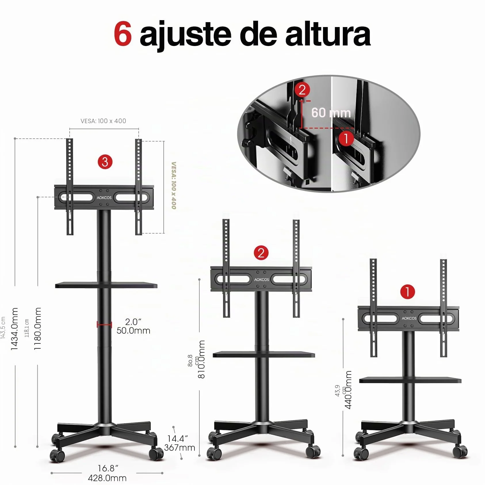 AOKCOS Soporte de TV móvil con ruedas para televisores de 32 a 65 pulgadas, carrito hasta 40 kg