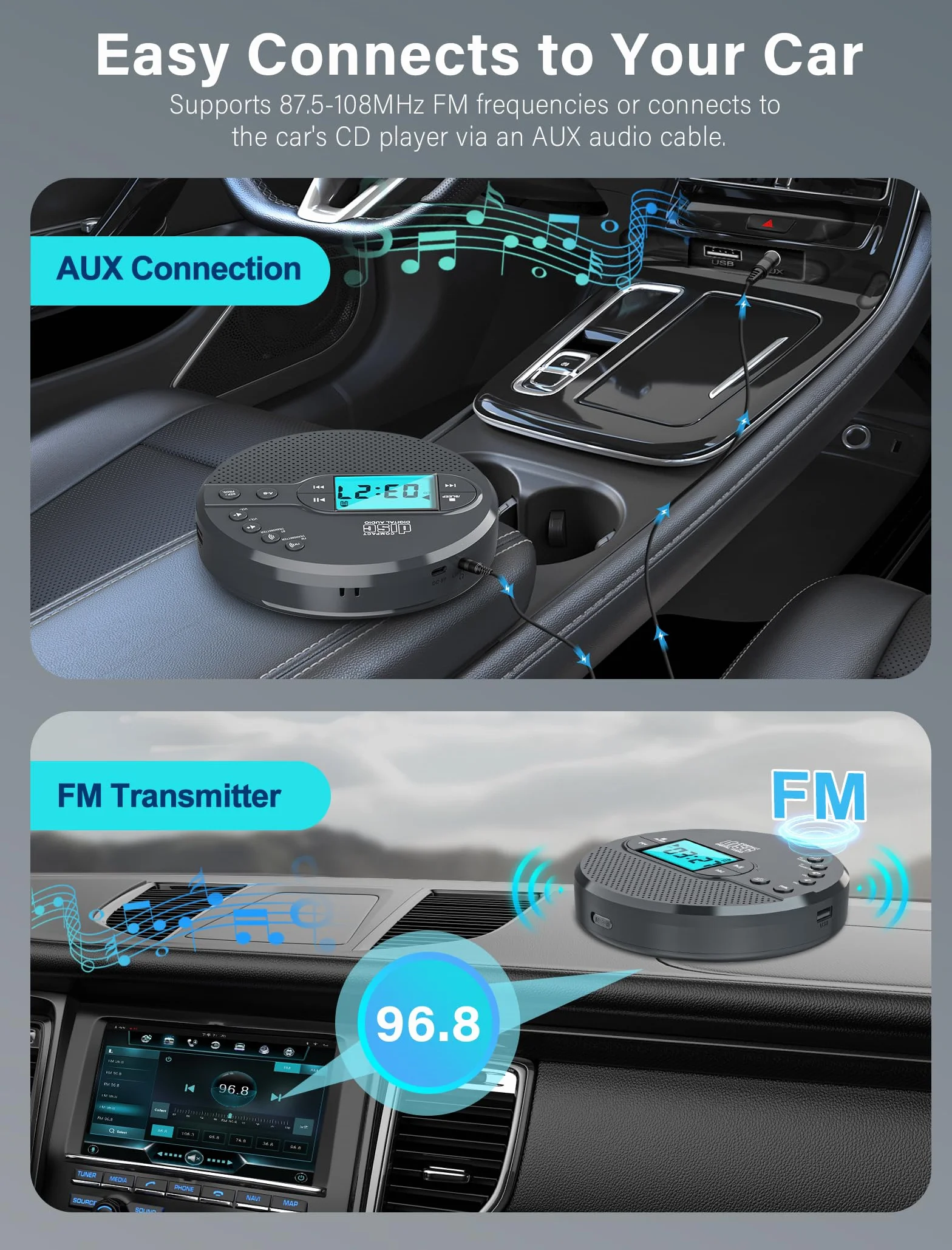 Reproductor de CD con transmisor FM Bluetooth, pantalla LCD, 2000 mAh recargable, gris claro