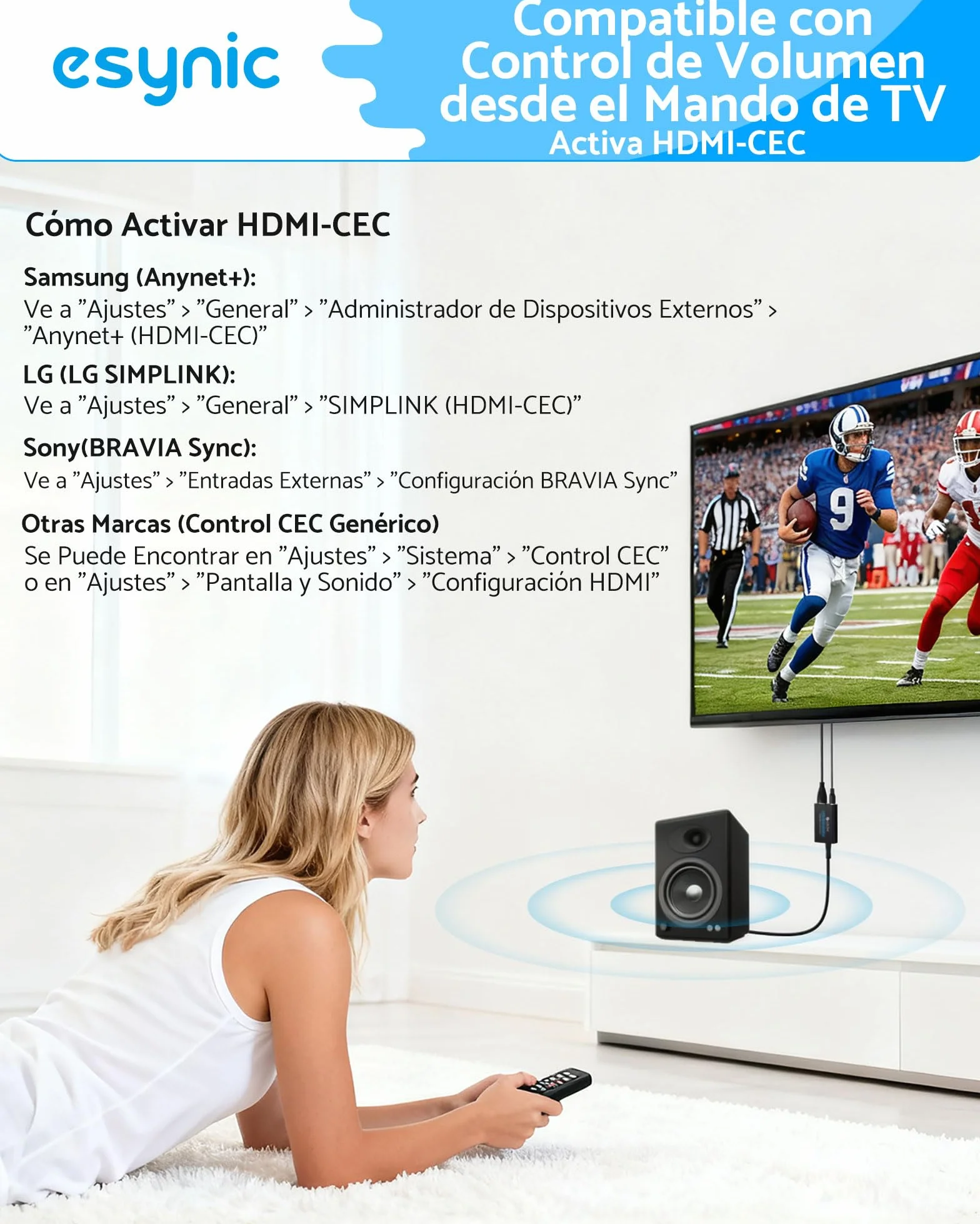 eSynic Extractor de Audio eARC ARC Adaptador HDMI ARC a Jack 3.5mm Convertidor de Audio PCM Estéreo para TV Compatible con Auriculares con Cable Altavoces Activos y Sistemas de Sonido 3.5mm