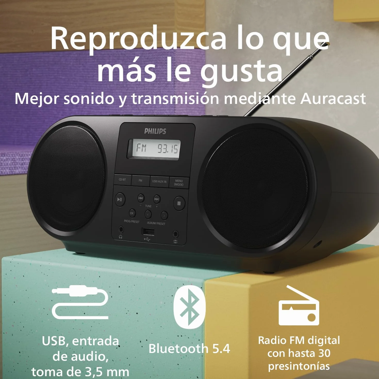 Philips TAZ5000 Reproductor CD Todo-en-1 con Radio FM, Bluetooth 5.4, USB, Graves dinámicos, Materiales reciclados