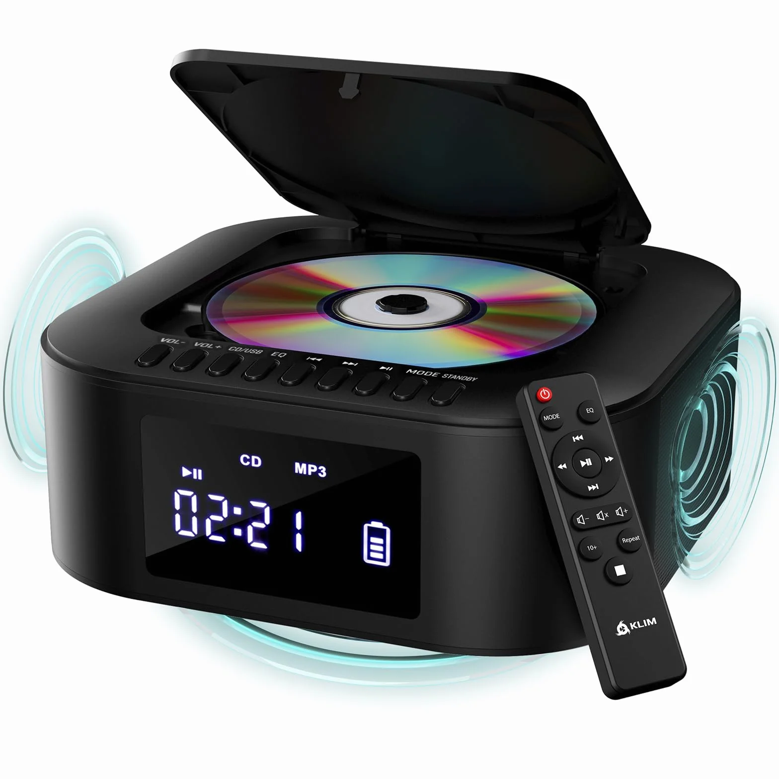 KLIM Boombox E1 Reproductor de CD portátil Bass Boost Subwoofer Radio FM Bluetooth MP3 AUX USB Negro Plata