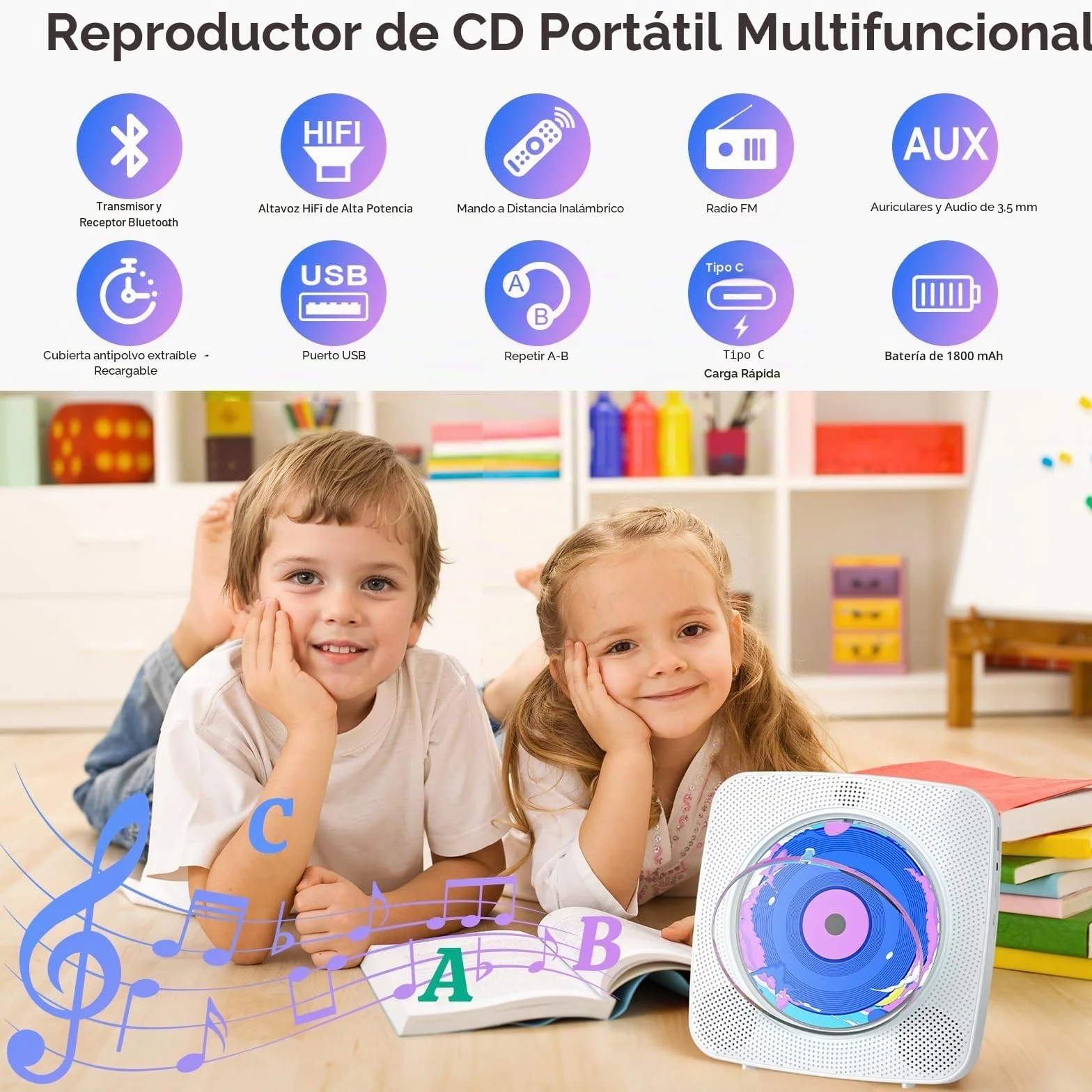 Reproductor de CD Portatil: Kegaudio Reproductor CD Bluetooth con Altavoces Mando a Distancia Bluetooth sobremesa montado en la Pared con Soporte Reproducción USB/AUX Blanco