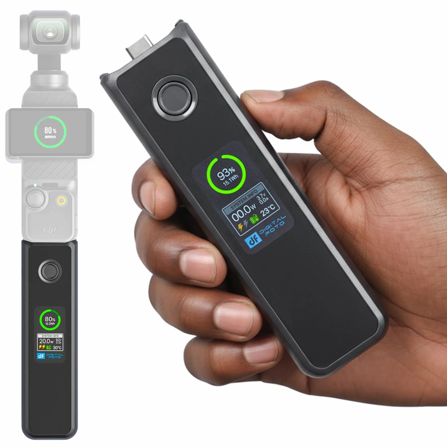 Osmo Pocket 4/3 - Mango de Batería de CargaRápida de 20W, Accesorios Compatibles con dji Pocket 4/3 con Pantalla LCD a Todo Color,Velocidad de Carga y Temperatura de la Batería Visible, 5000mAh,Negro
