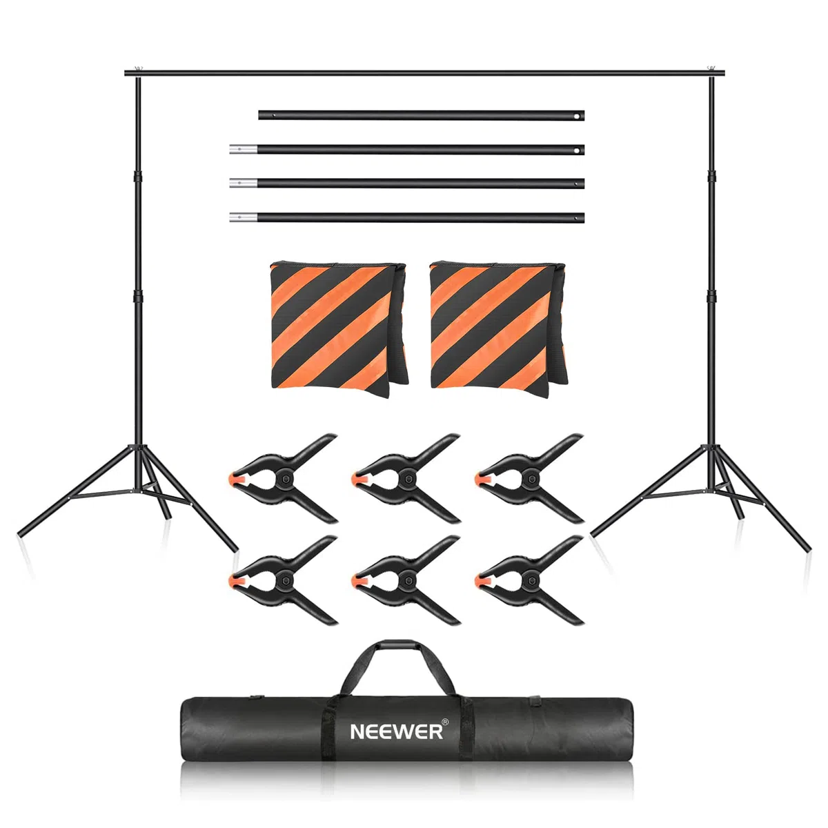 NEEWER Soporte de Fondo de 10 Pies x 7 Pies Sistema de Soporte de Fondo de Estudio Fotográfico Ajustable con 4 Bbarras Transversales 6 Abrazaderas 2 Bolsas de Arena Naranjas y Bolsa de Transporte