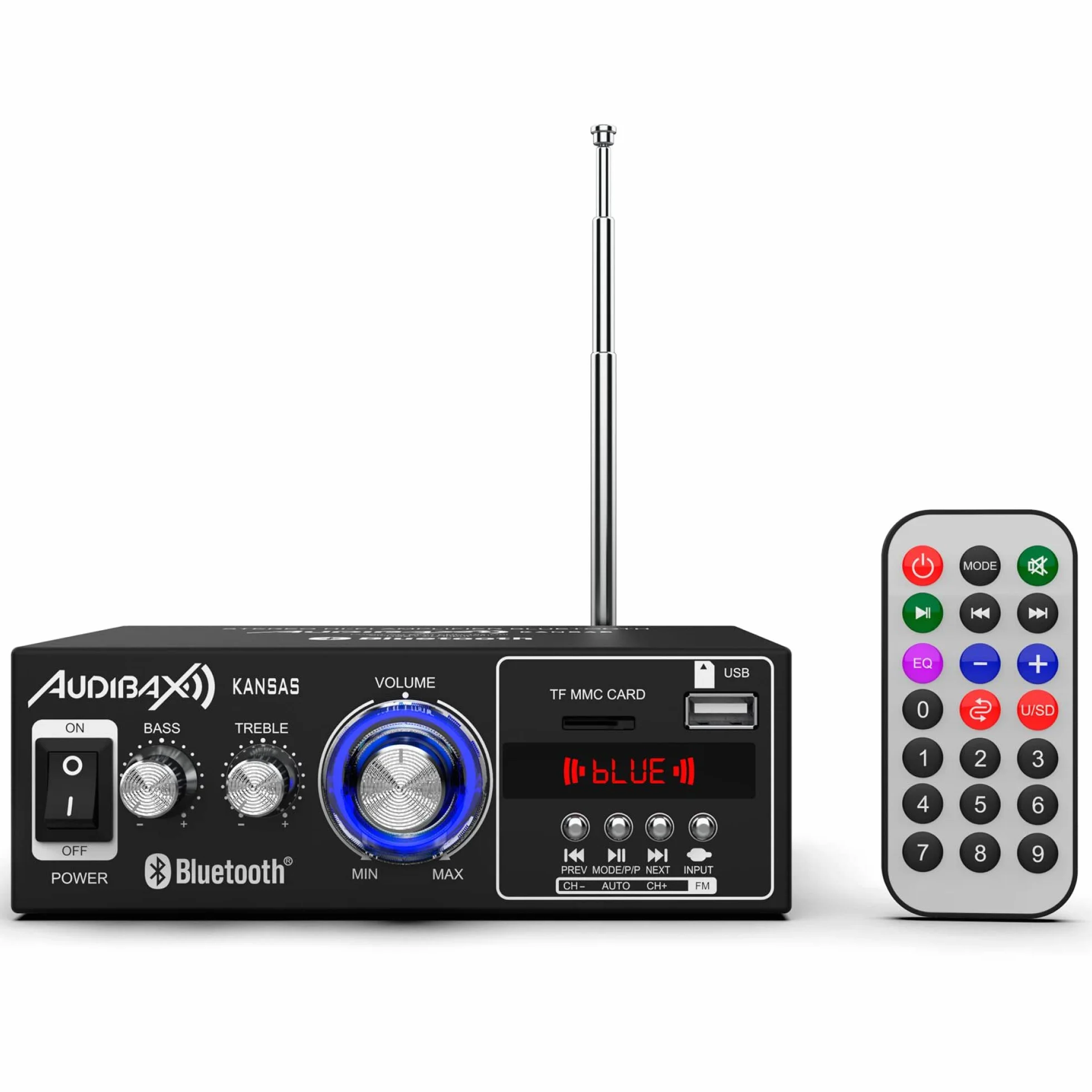 Audibax Kansas - Amplificador de Audio HiFi - Conexión Bluetooth - Potencia de 40W + 40W - Entradas para Micrófonos, SD y USB - Amplificador HiFi Estéreo con Reproductor MP3 y Radio FM