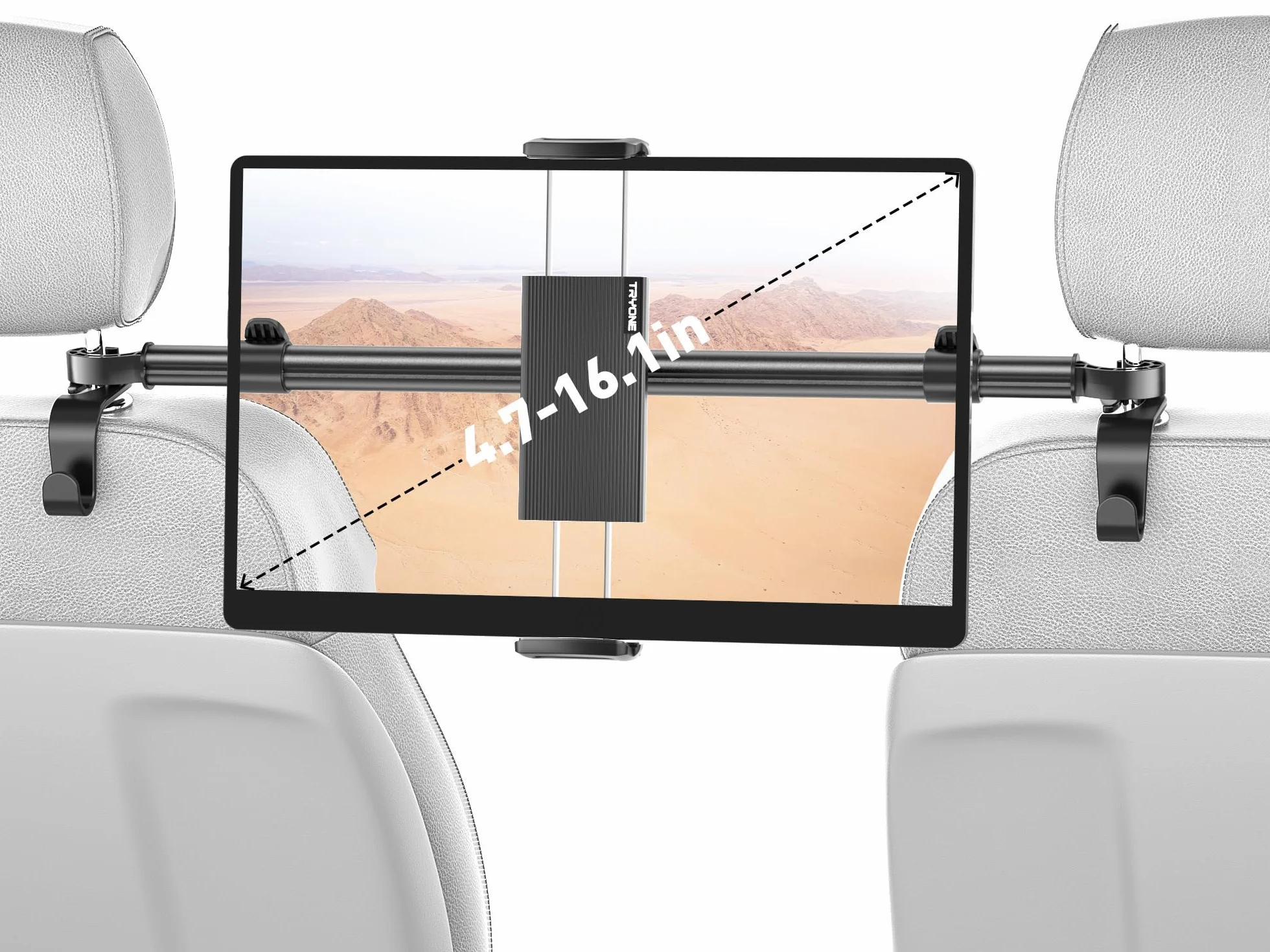 Soporte Tablet Coche Central, Tryone Soporte Universal Ajustable para Tableta automóvil iPad Series/Samsung Galaxy Tabs/Switch Phones, etc. Dispositivos de 4.7-12.9 Pulgadas/con 2 Ganchos