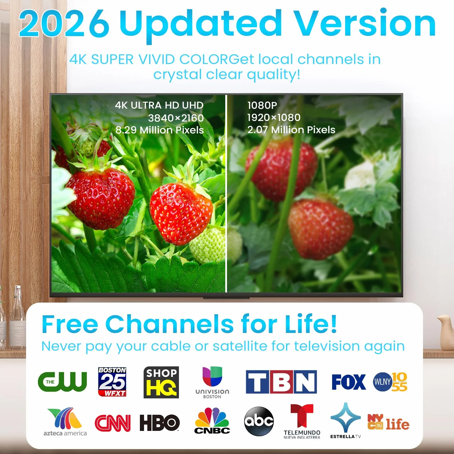 2026 Antena TV Interior Potente Actualizada, 600M+Antena TDT Interior de Larga Distancia, 360° Recepción HD Canales de TV Locales, Compatible con TVs Inteligentes y Antiguos-Cable Concéntrico de 10M