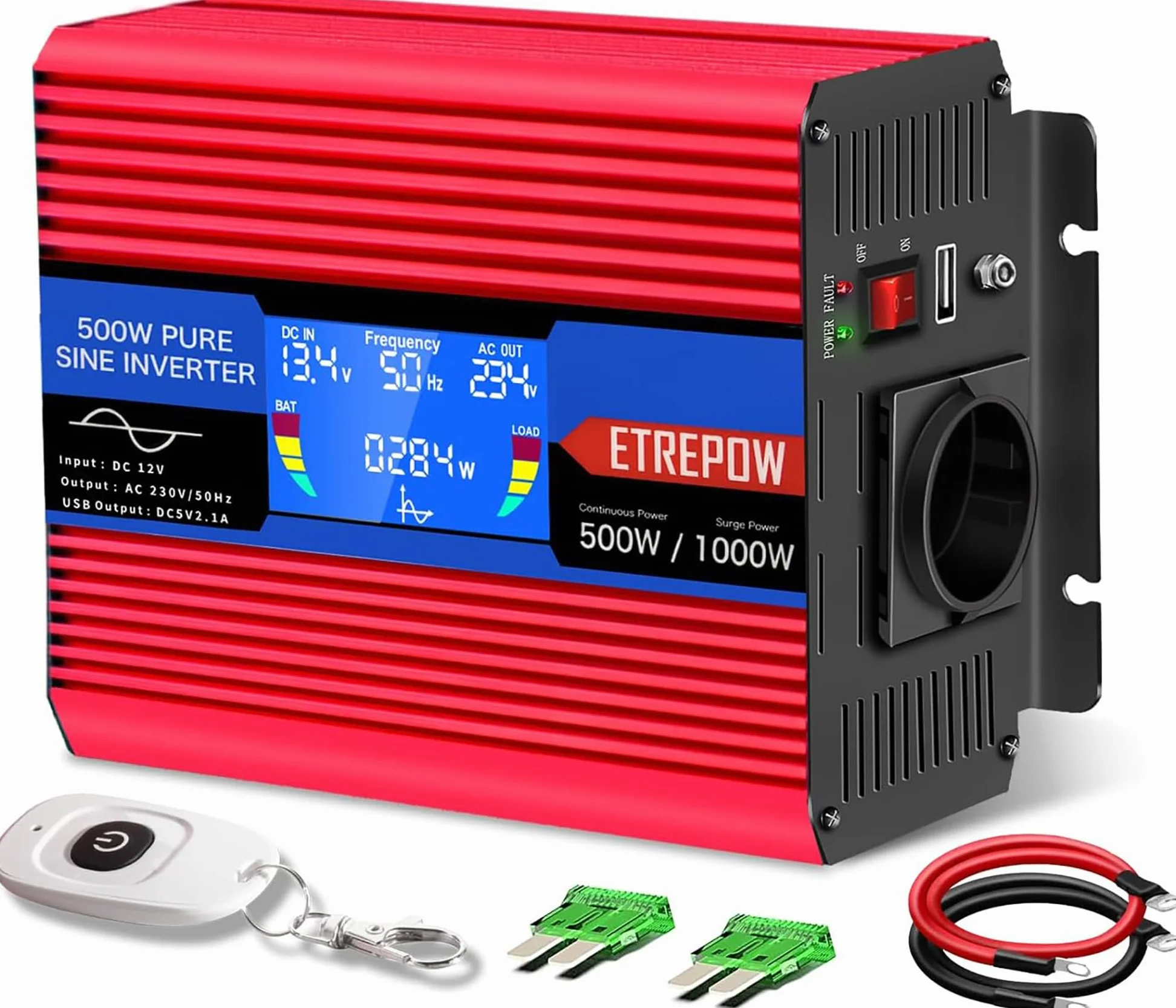 Inversor 12v 220v Onda Pura 500w/1000w Convertidor de Voltaje con 2 USB, Control Remoto Inalámbrico, Pantalla LCD Adecuado para Sistema Solar, Coche, Camping，caravanas