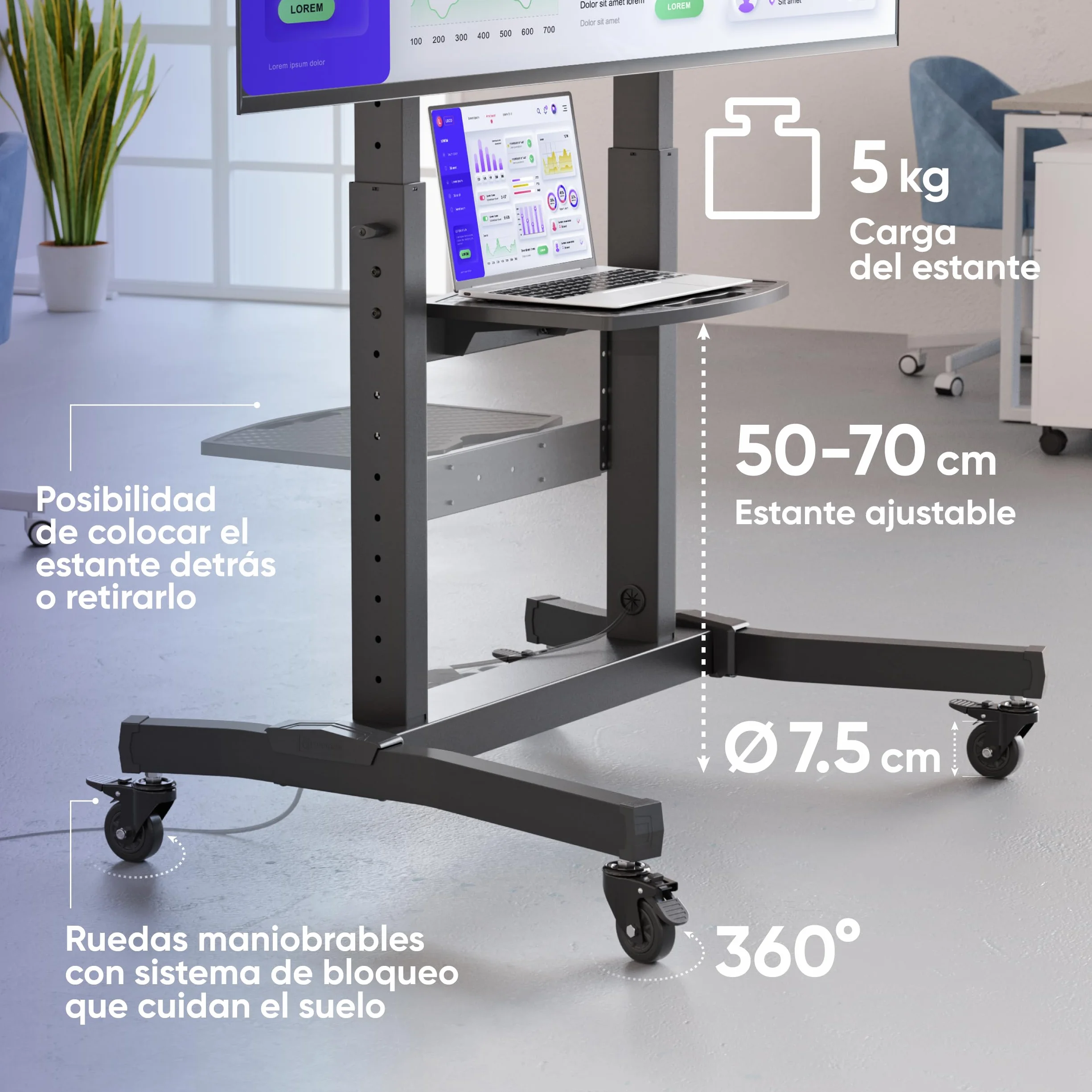 ONKRON Soporte TV Ruedas 50-100 Pulgadas, Carga Total 130 kg, VESA 200x200-1000x600 mm, Pie para Television Inclinable, con Altura Ajustable, Soporte TV Pie Móvil, con Estante, Negro TS1991-B
