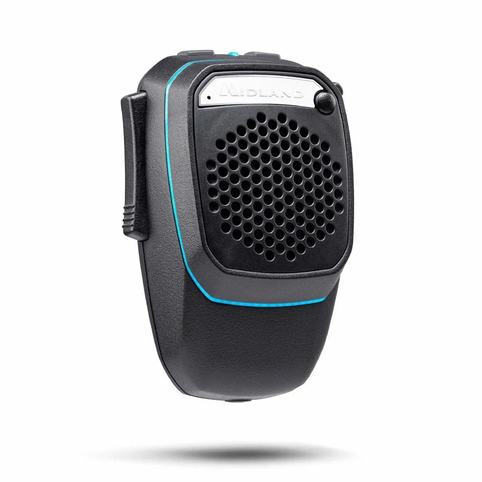 Midland - Micrófono Inalámbrico Bluetooth Dual Mike para CB Talk y Altavoz para Camión/Coche/Camper con Modo Analógico y Digital, Altavoces Super Bass 3W, DSP, Soporte y Aro de Luz, Cable USB de Carga