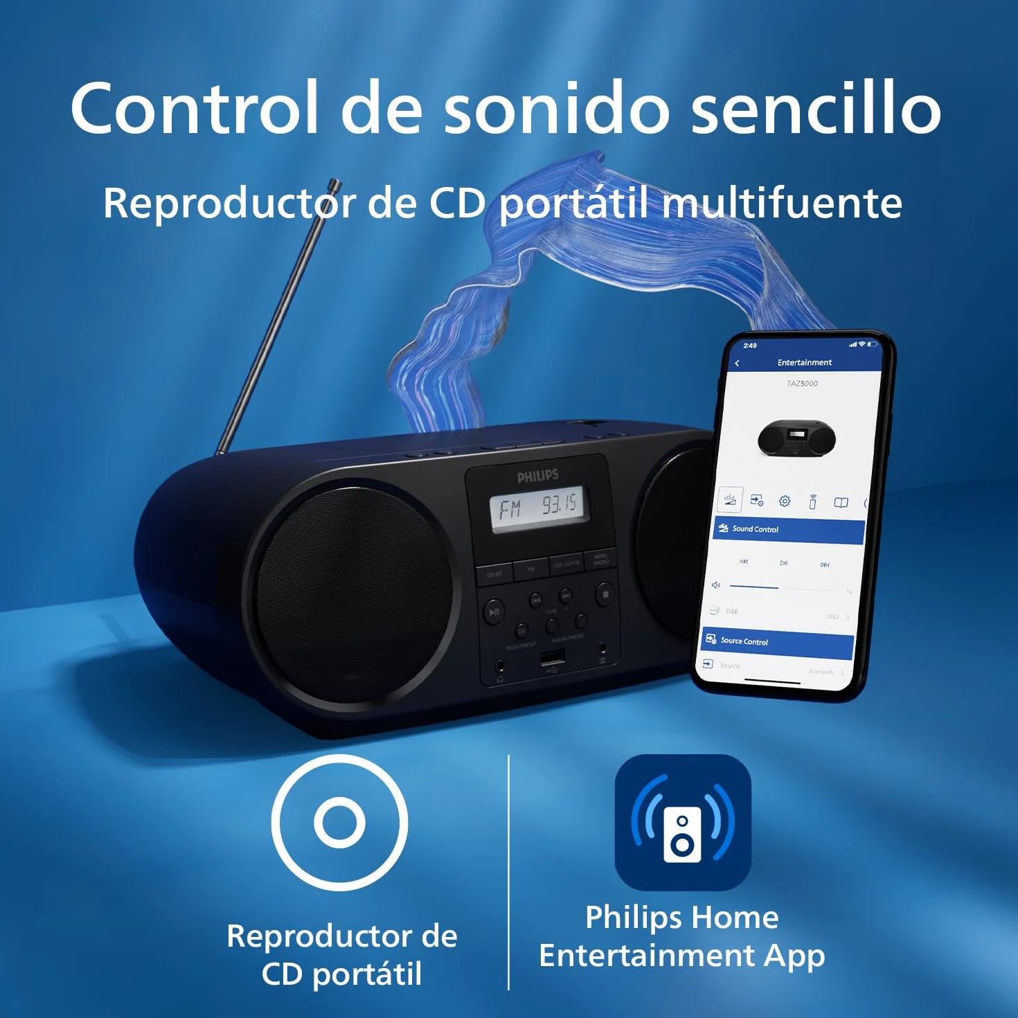 Philips TAZ5000 Reproductor CD Todo-en-1 con Radio FM, Bluetooth 5.4, USB, Graves dinámicos, Materiales reciclados