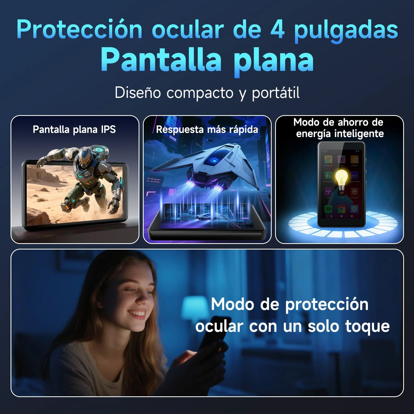 Reproductor MP3 Android 14 con Spotify, Play Store, Amazon Music, Audible, Libby, Reproductor de música MP4 con Pantalla táctil de 4" para niños con Control Parental, Modo Eye-Care (Negro Brillante)