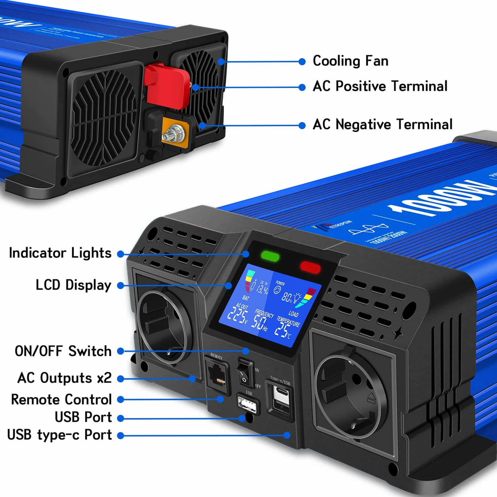1000W/2000W Inversor 12v 220v Onda Pura con Mando a Distancia, 2 Tomas UE, 2 Puertos USB + Tipo-C, para electrodomésticos, caravanas, Camping Conversor de Voltaje.