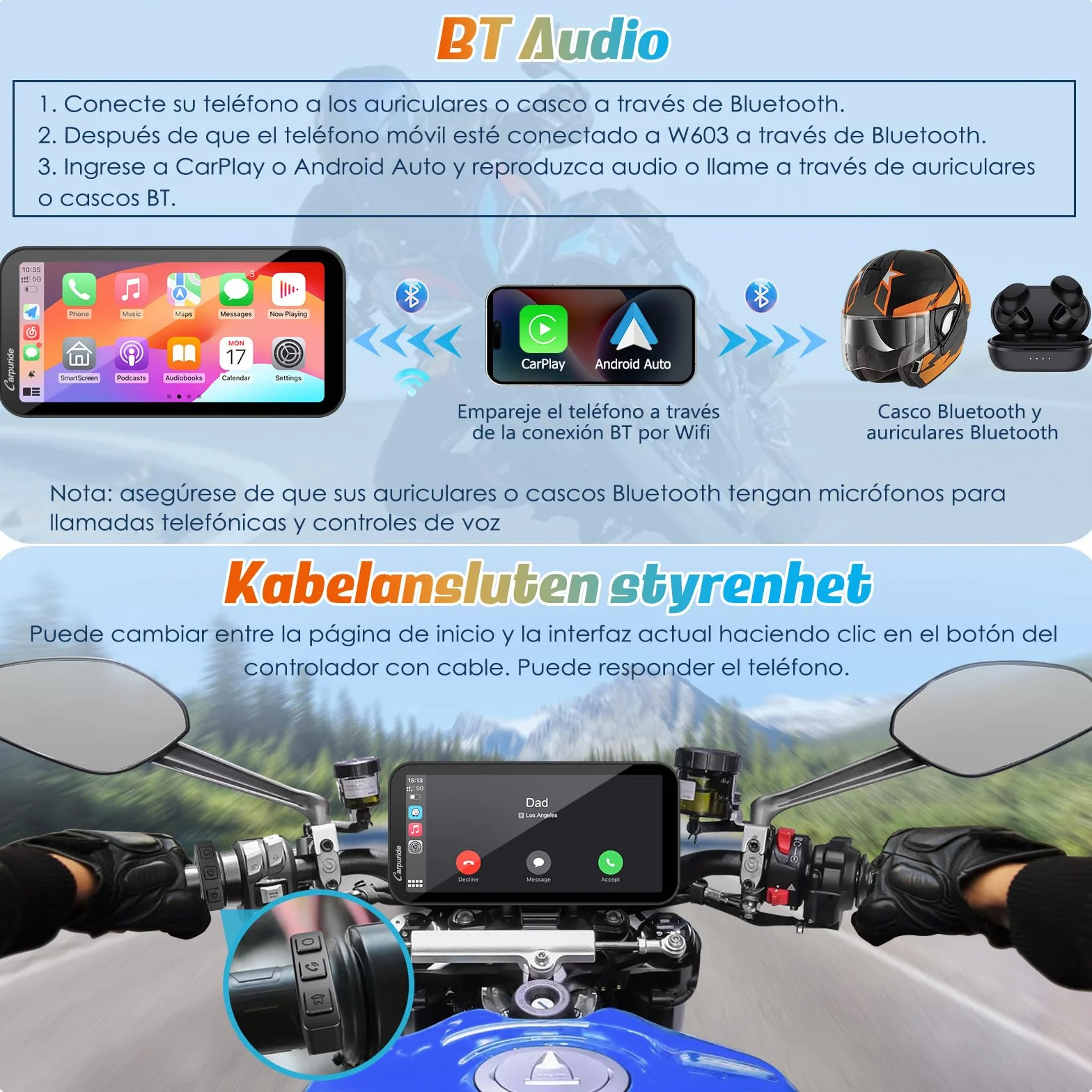 Carpuride W603 Pantalla Carplay Motocicleta 6,3" Inalámbrico Android Auto Impermeable GPS
