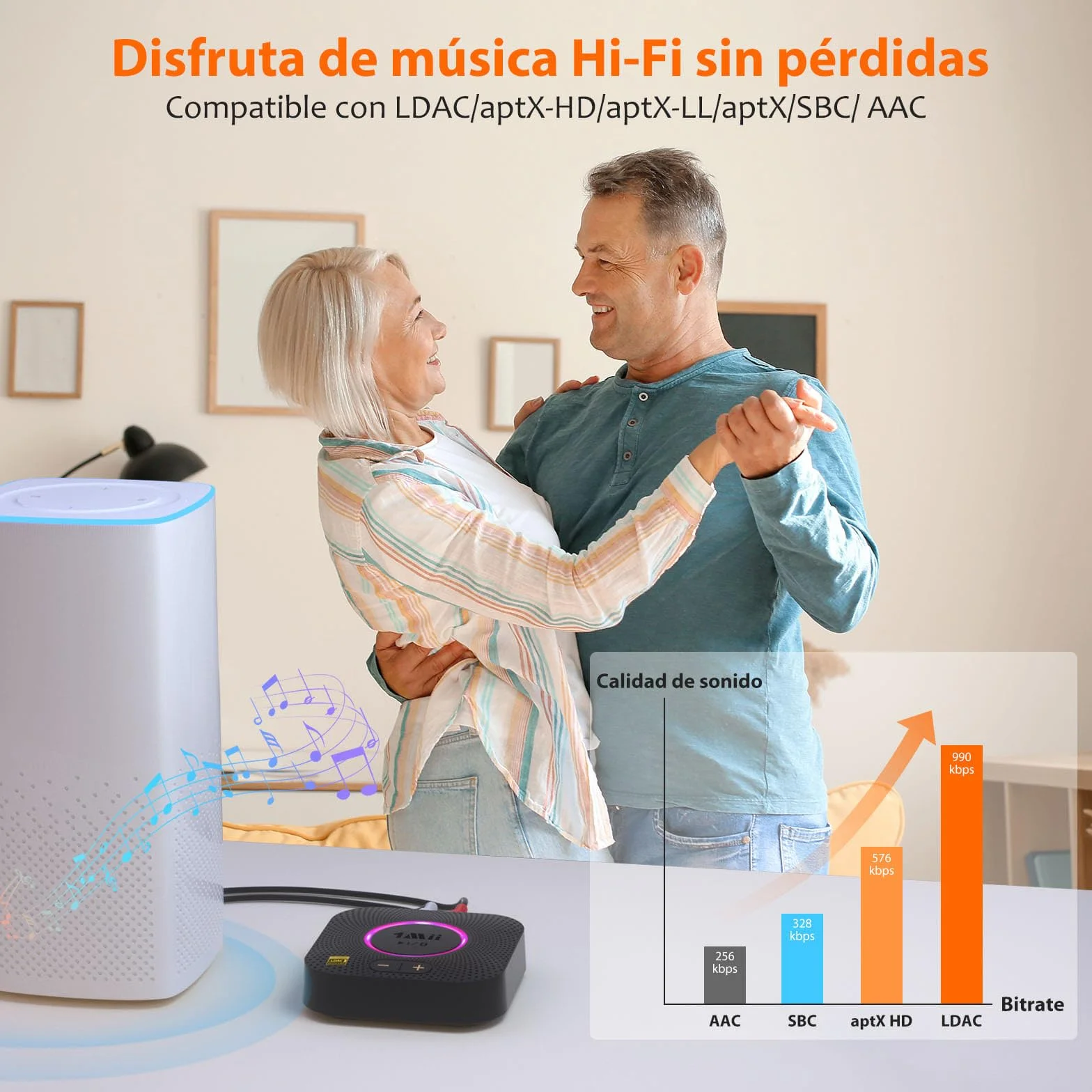 1Mii B06S+ LDAC Receptor Bluetooth 5.3 HiFi, Adaptador Audio Bluetooth con aptX Baja Latencia & HD, Salida RCA/AUX 3.5mm Jack, Control Volumen, 100ft Receptor de Largo Alcance para Estéreo Doméstico
