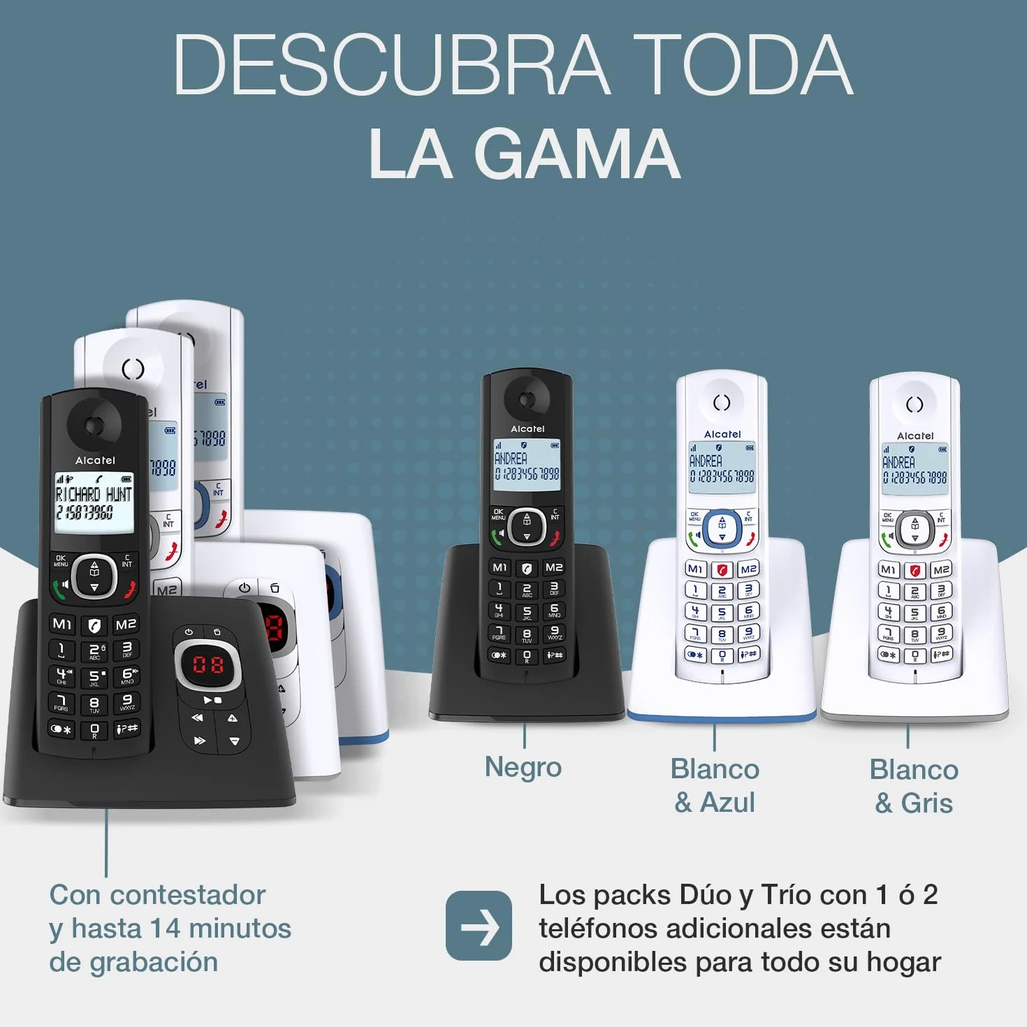ALCATEL F530 Voice Teléfono inalámbrico DECT contestador automático pantalla retroiluminada manos libres bloqueo llamadas 2 teclas memoria directa Blanco Azul
