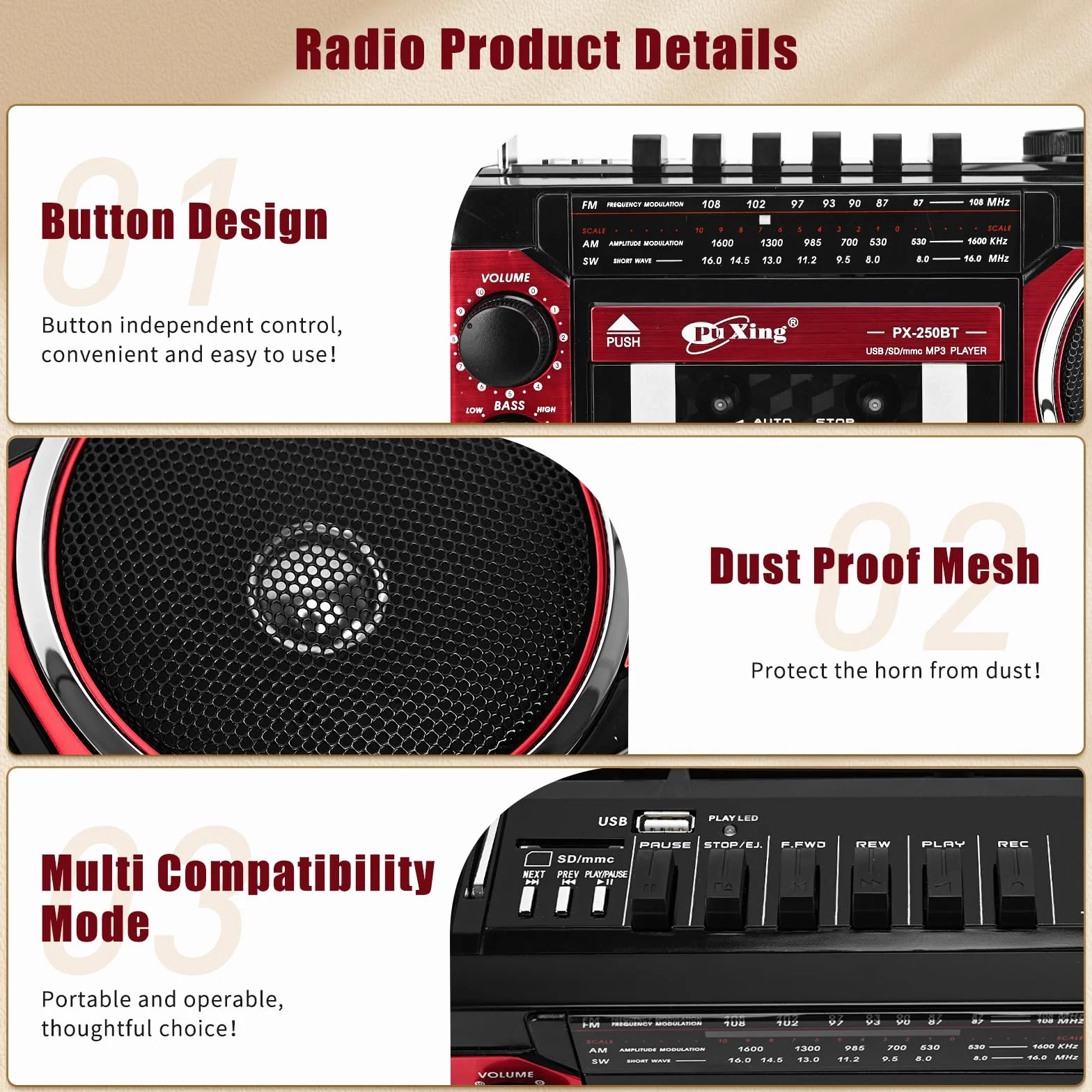 Reproductor de cassette portátil FM/AM/SW Bluetooth Tarjeta Grabación