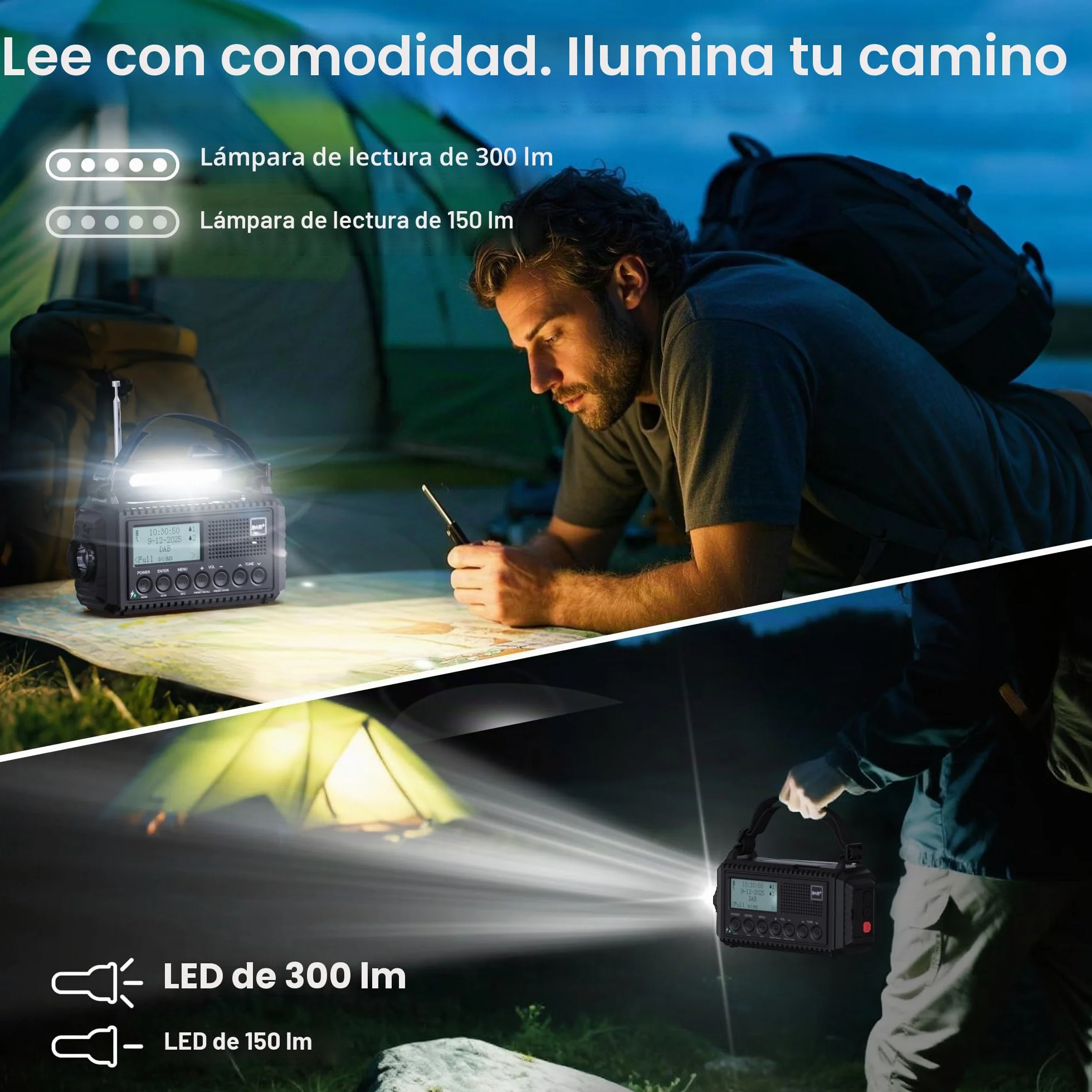 Radio Solar Portátil Dab+/Dab/FM con Manivela,Radio con Linterna LED Multifunción con Reloj Despertador Digital,Batería de 5000 mAh y Alarma SOS,Camping,Senderismo,Exterior