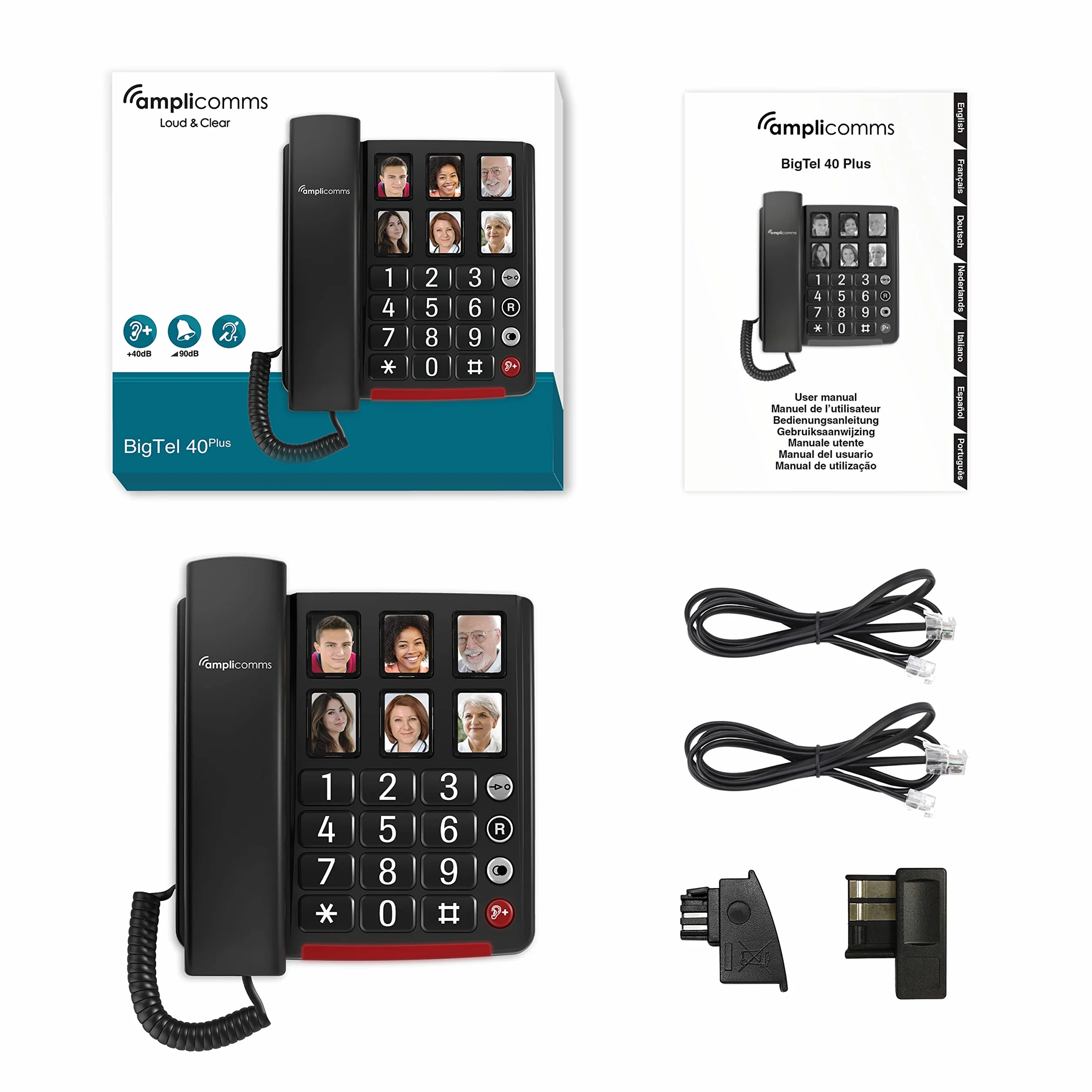 Amplicomms BigTel 40 Plus, Teléfono con Botón Grande con Cable, Seis Botones de Marcación Directa con Foto, Audio Boost 40dB, Tonos de Llamada Extra Fuertes, Compatible con Audífonos