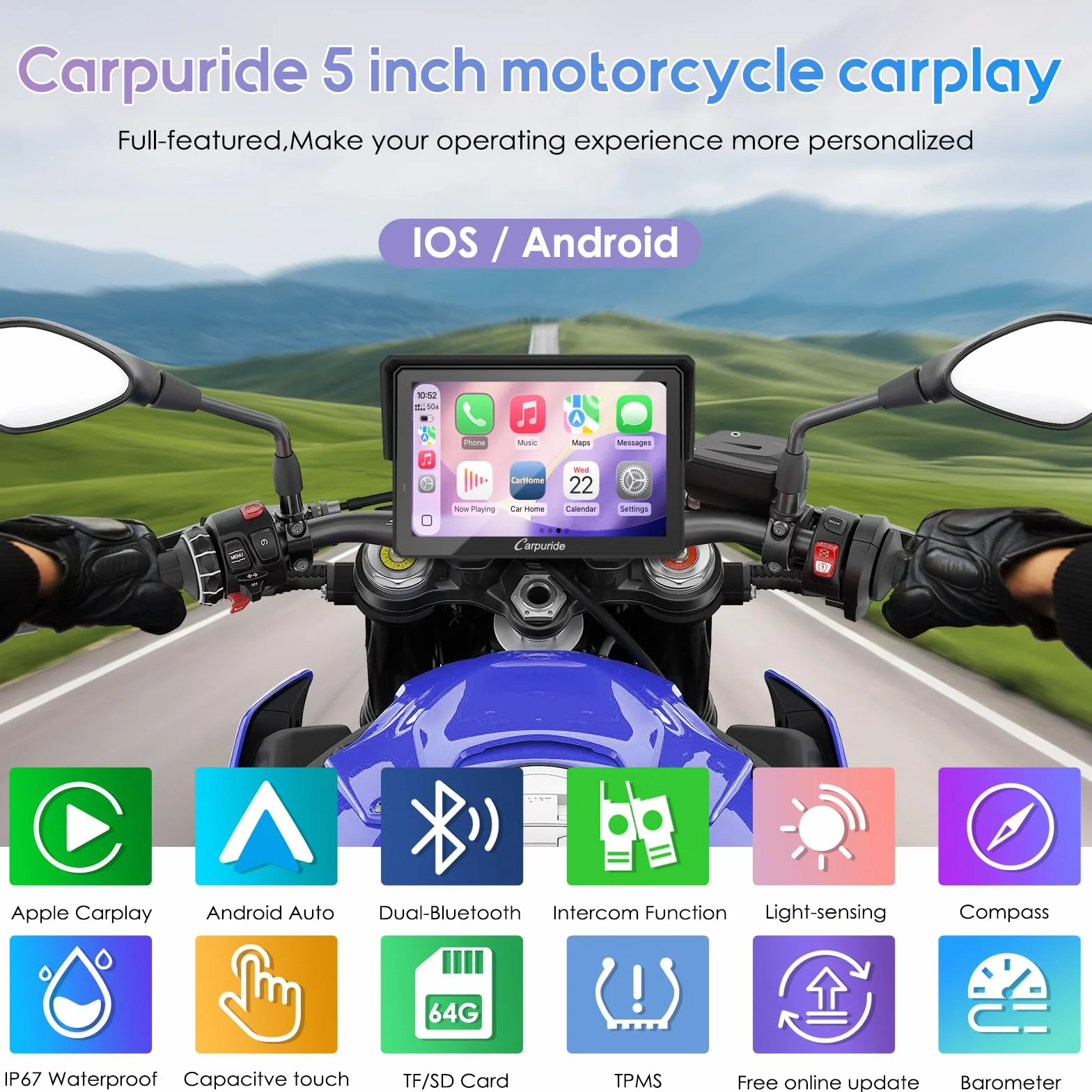 Carpuride W502TPRO Motocicleta CarPlay Android Auto TPMS Bluetooth GPS 5 Pulgadas Impermeable