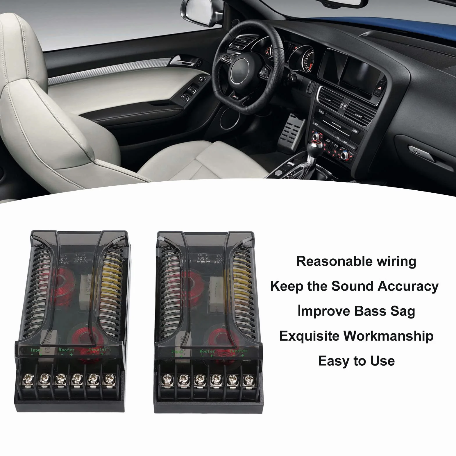 Divisor de Frecuencias de 2 Vías para Altavoces de Coche Compatible con la Mayoría de Sistemas de Audio Crossover con Protección contra Sobrecorriente y Disipación de Calor