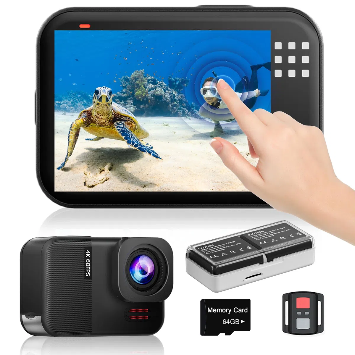 4K60fps Cámara Acuatica Pantalla Táctil - Cámara Subacuática 10M con 64G Tarjeta SD, HD 48MP WiFi Cámara Deportes Estabilización 6-Axis,8X Zoom Cámara de Acción con Casco Accesorios