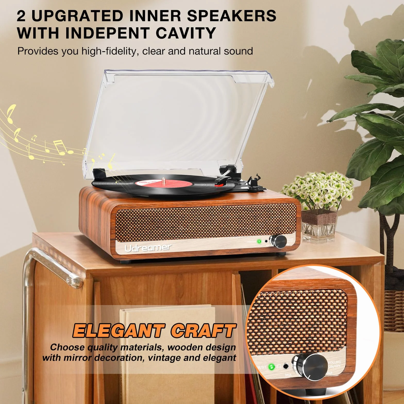 Udreamer Tocadiscos Bluetooth Tocadiscos de Vinilo Soporte USB AUX-in Auriculares RCA Line-out 3 Speed Diseño de Espejo Naranja Amarillo